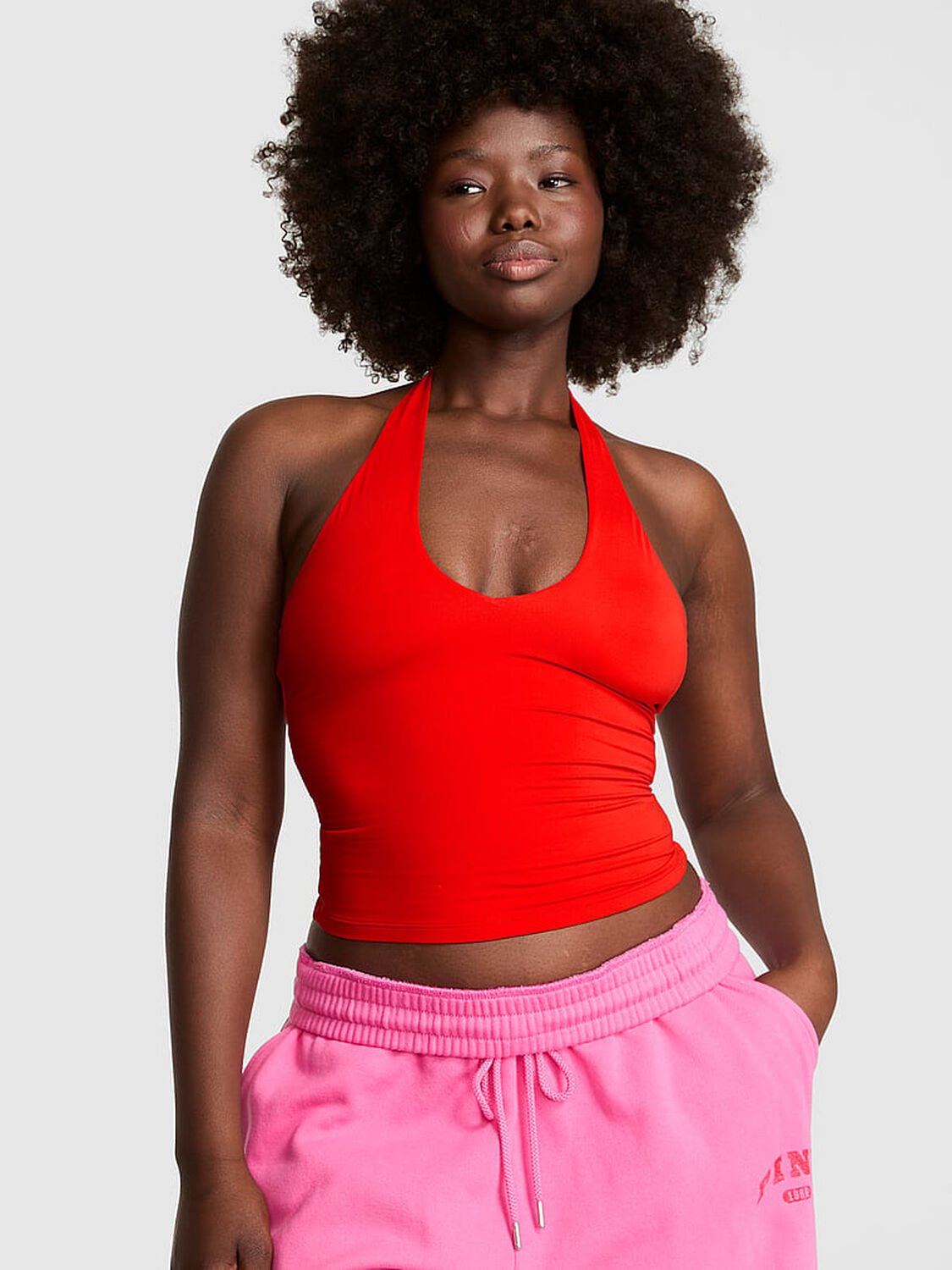 vs Pink Base Stretch Halter Tank Top Bright Vermillion 1 of 3 