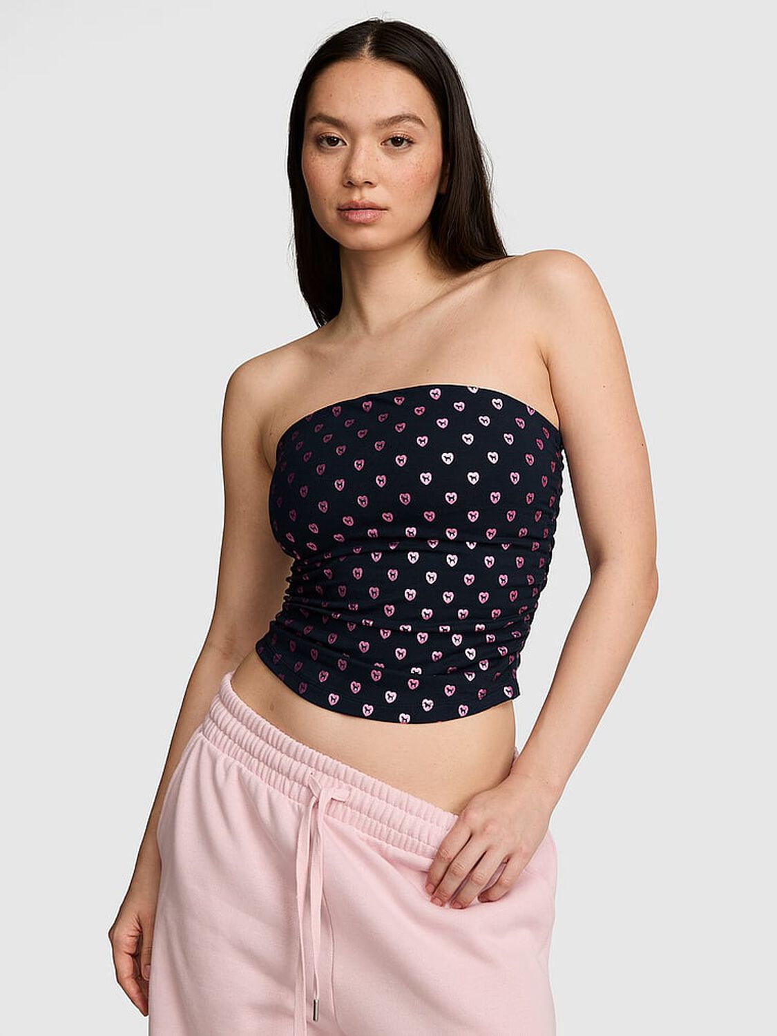 vs Pink All-Day Cotton&trade; Side-Ruched Tube Top Noir Navy Foil 1 of 3 