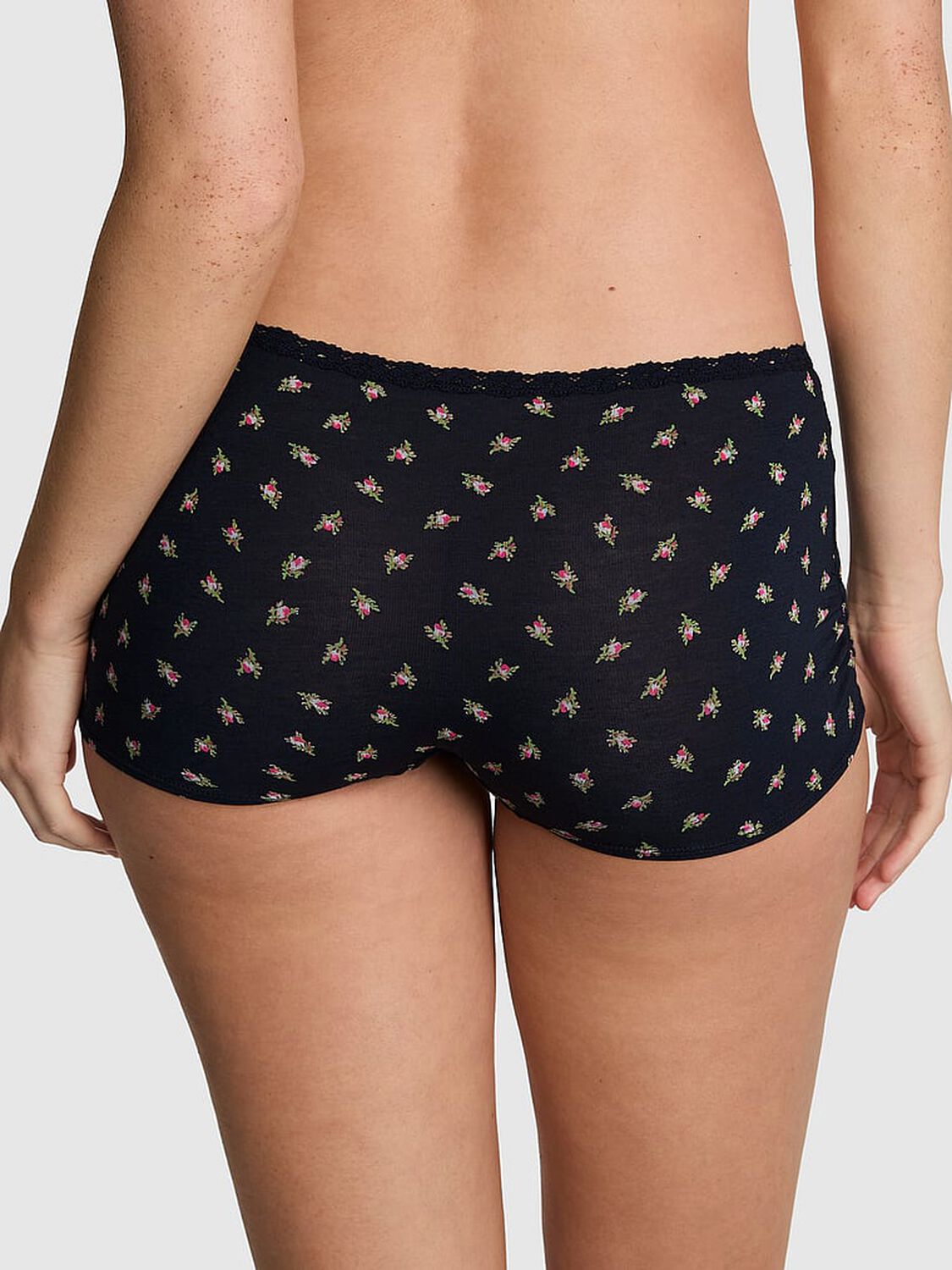 vs Pink Cotton Dorm Boyshort Panty Noir Navy Rose Print With Noir Navy Lace 2 of 3 