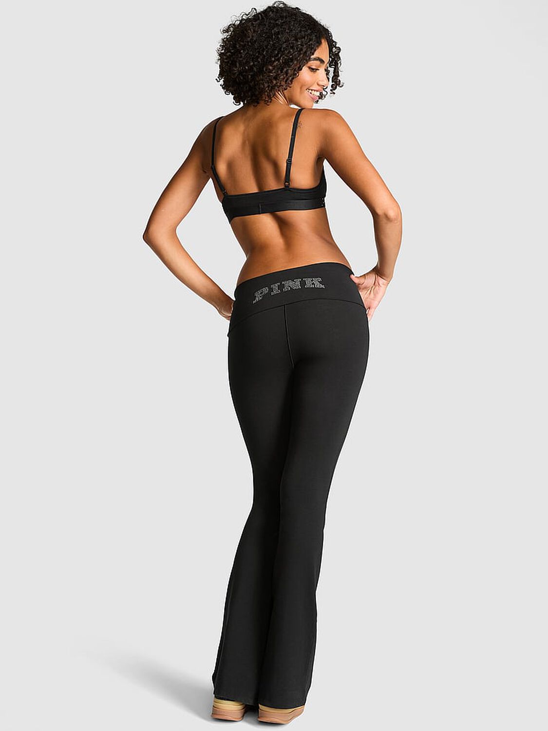 vs Pink All-Day Cotton Foldover Flare Leggings Pure Black Bling 2 of 3 