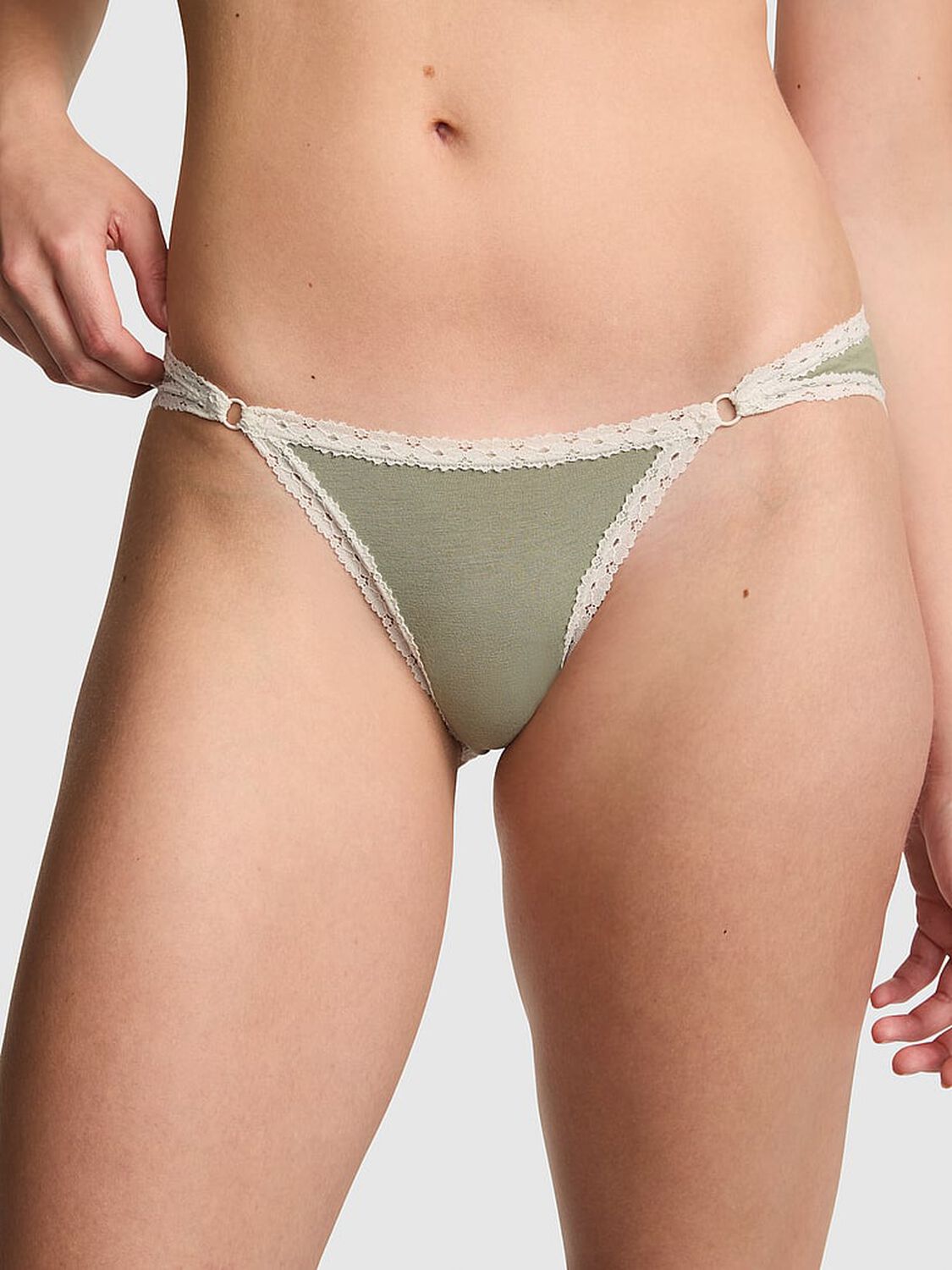 vs Pink Cotton Lace-Trim Low-Rise Cheeky Panty Slate Green With White Lace 1 of 2 