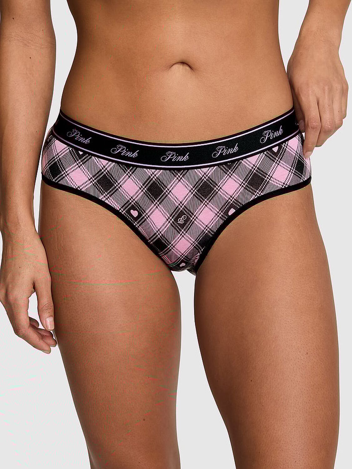 vs Pink Logo Cotton Hiphugger Panty Pink Black Plaid Print 1 of 3 