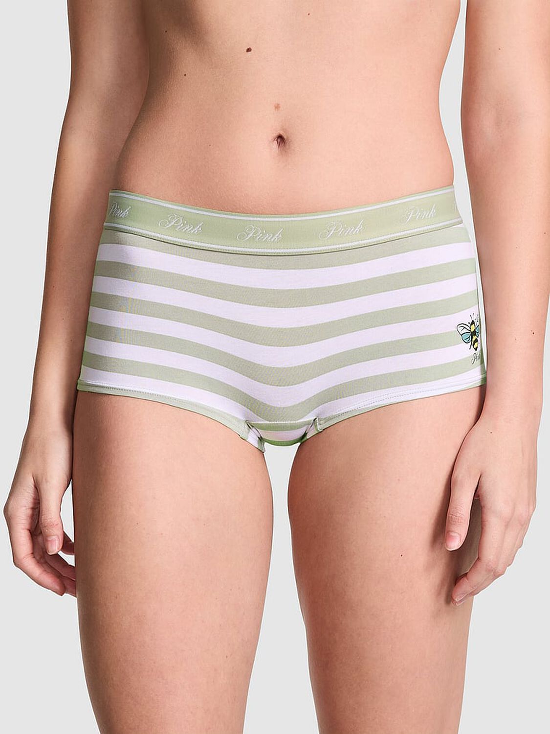 vs Pink Logo Cotton Boyshort Panty Green Garden White Stripe Print 1 of 4 