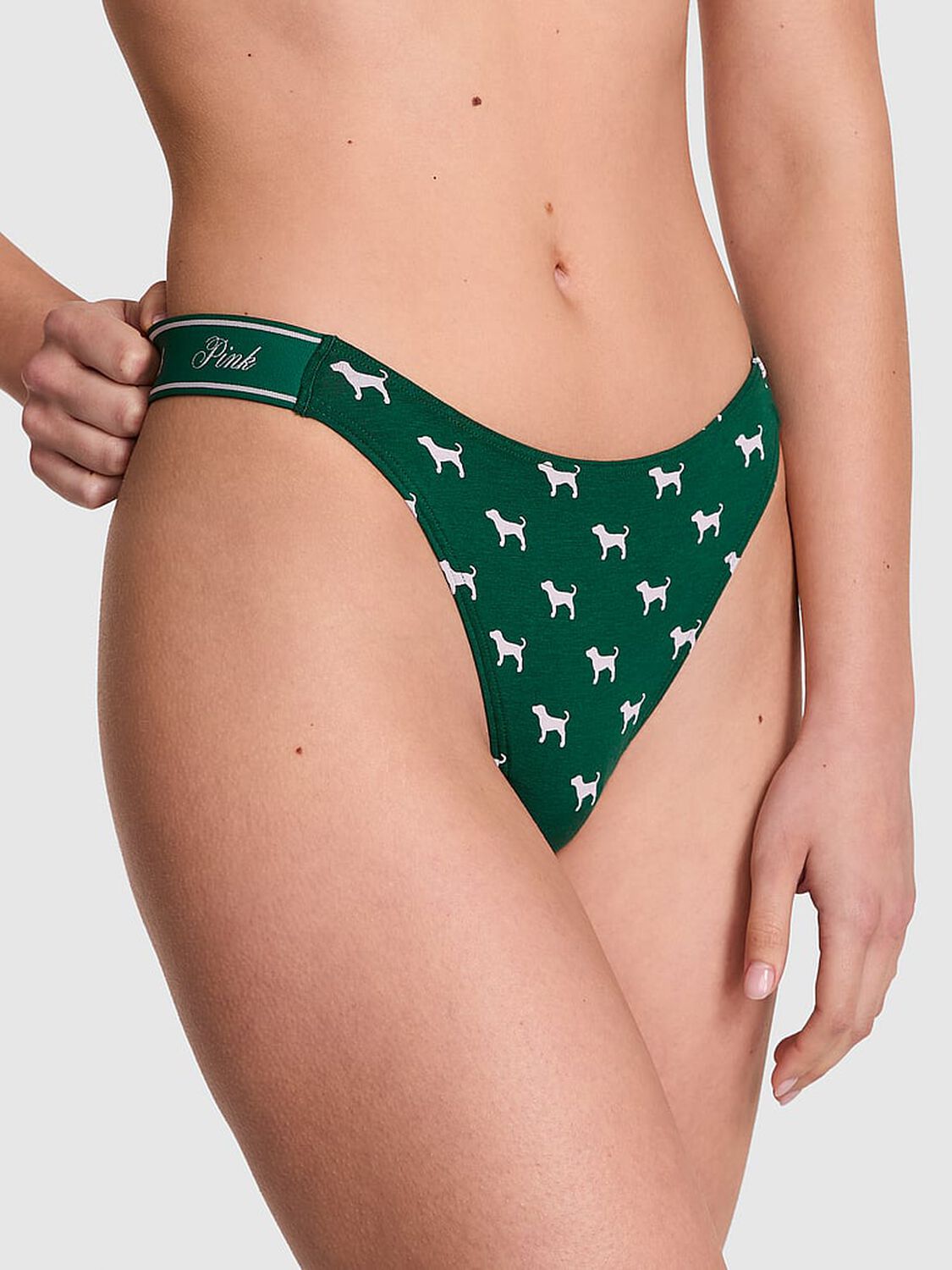 vs Pink Logo Cotton Shine High-Leg Thong Panty Jaguar Green Dog Print 1 of 3 