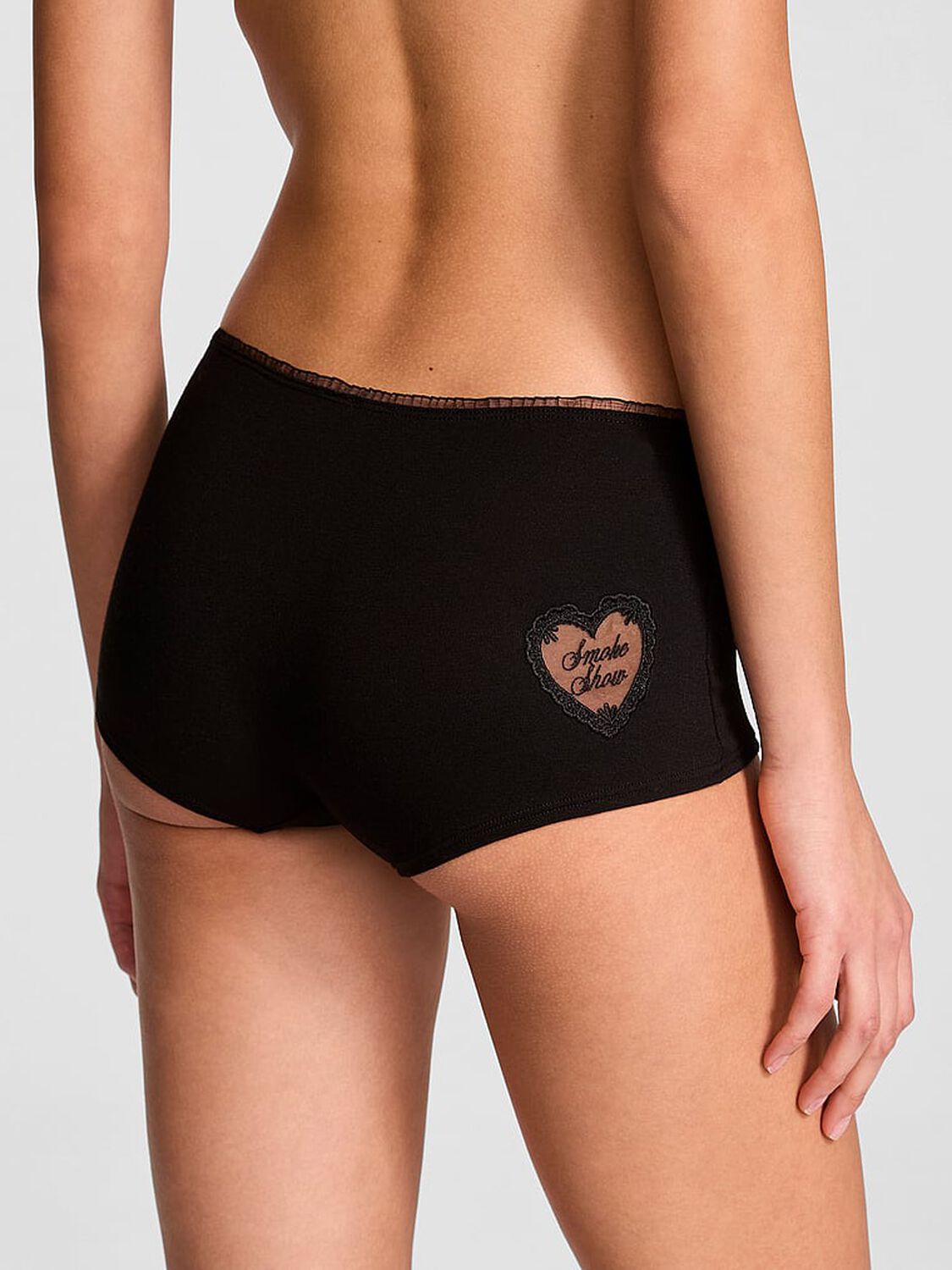 vs Pink Cotton Boyshort Panty Black Mesh Heart Graphic 2 of 3 