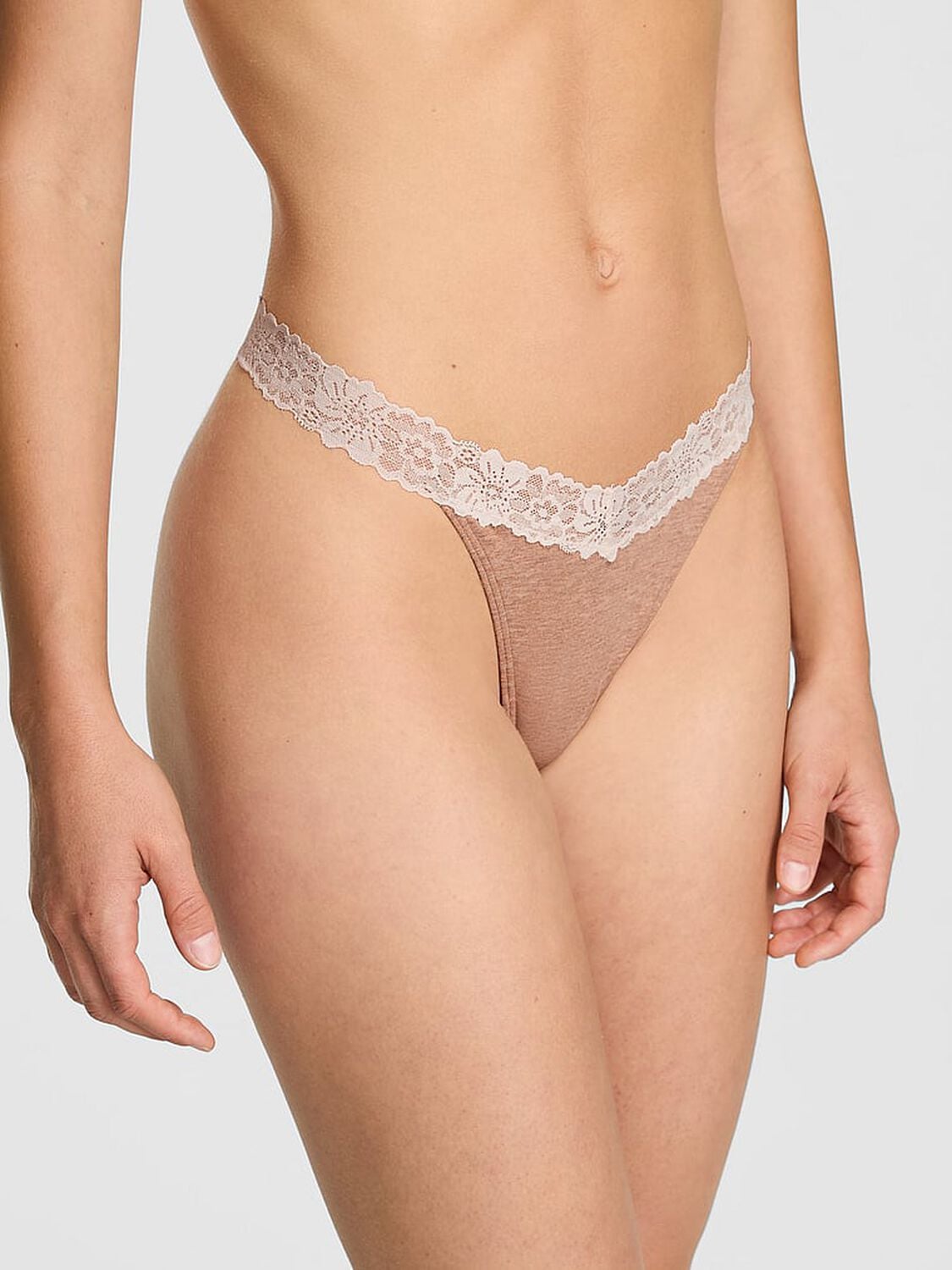 pink Pink Cotton Lace-Trim Thong Panty Praline 1 of 4 