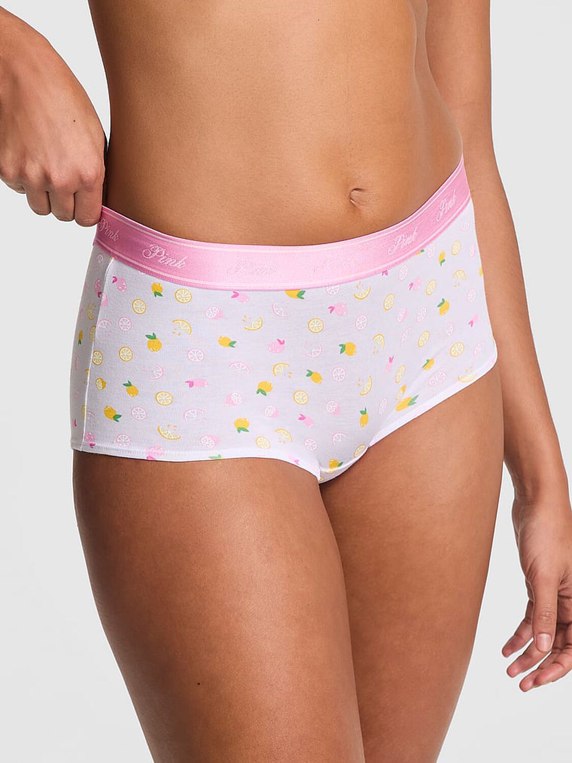 vs Pink Logo Cotton Shine Boyshort Panty White Lemon Print 1 of 4 