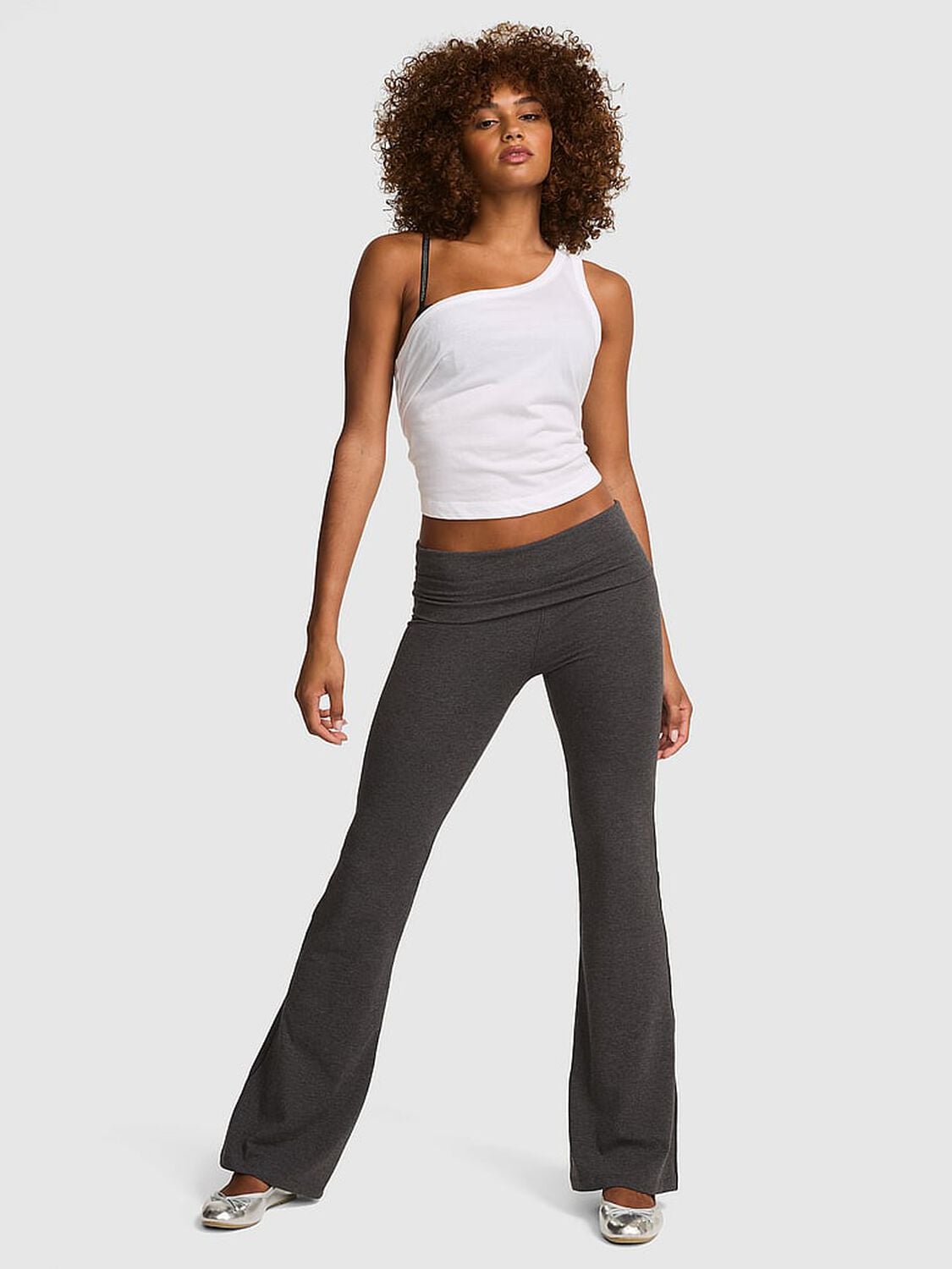vs Pink All-Day Cotton&trade; Foldover Flare Leggings Charcoal Heather Grey Bling 1 of 4 