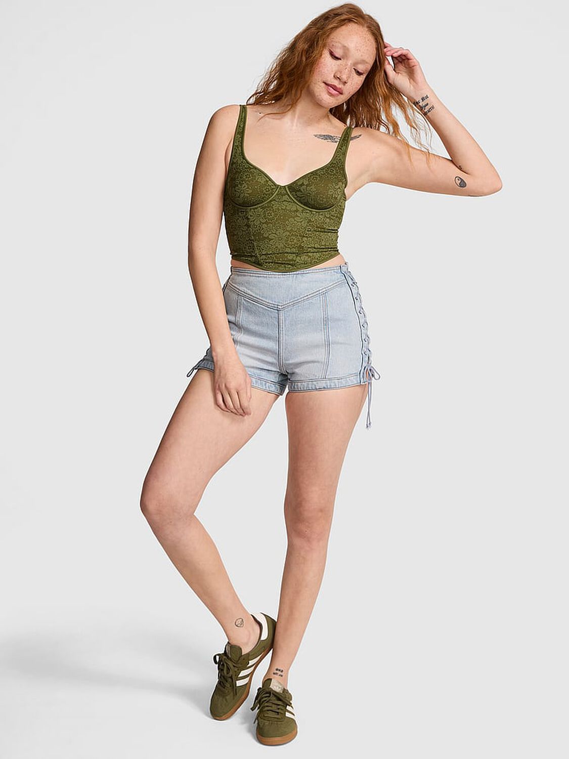 vs Pink Bralettes & Bra Tops Wink Lace Corset Top Olive Shade 1 of 2 