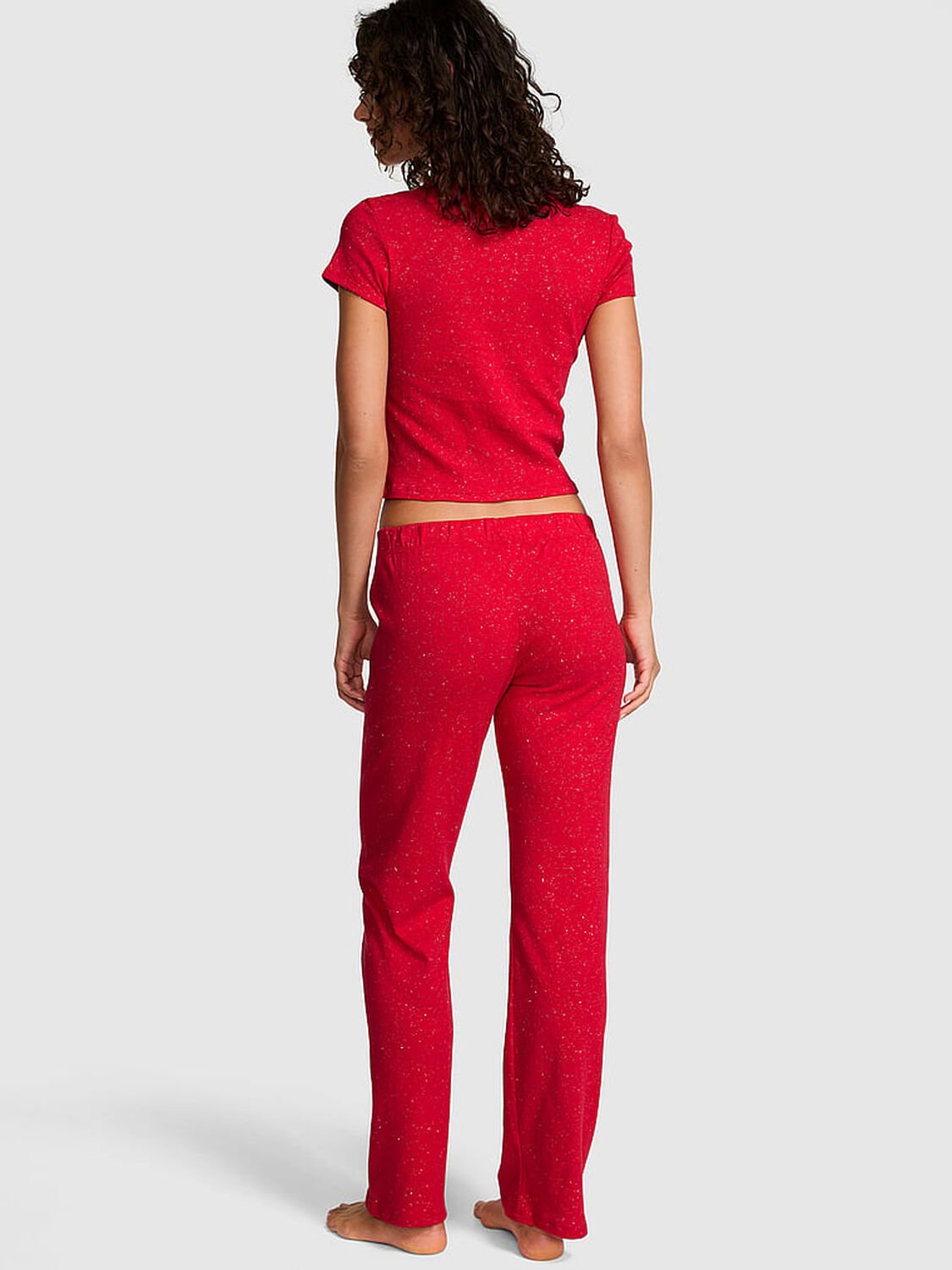 vs Pink Pointelle Tee & Pajama Pant Set Heathered Bright Vermillion Shine 2 of 4 