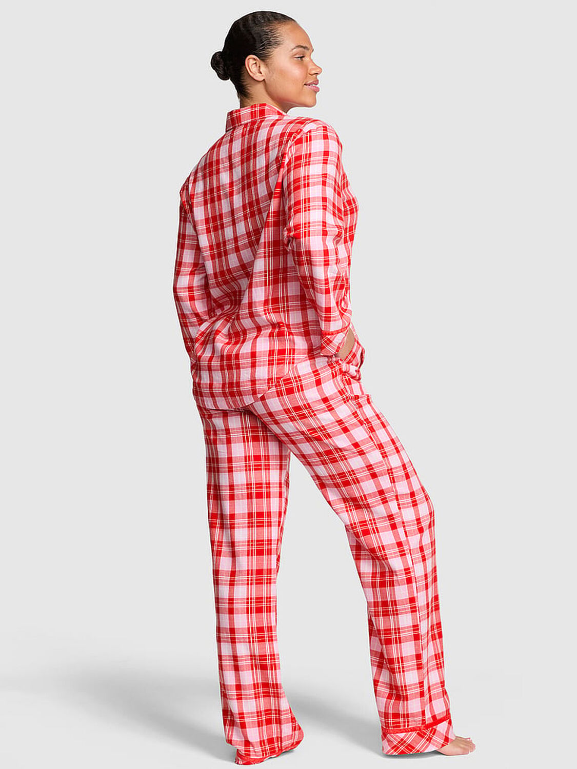pink Pink Flannel Long Pajama Set New Bright Vermillion/Pink Lollipop Plaid 2 of 2 