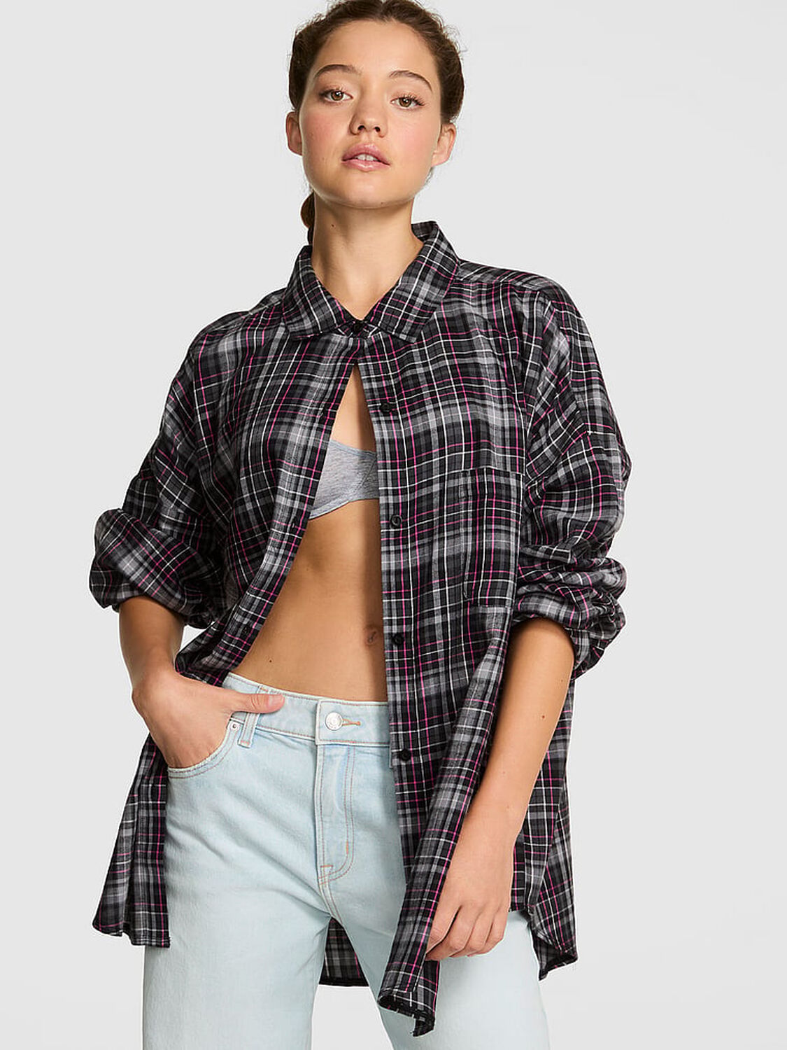 vs Pink Boyfriend Flannel Button-Down Sleepshirt Black Plaid 1 of 3 