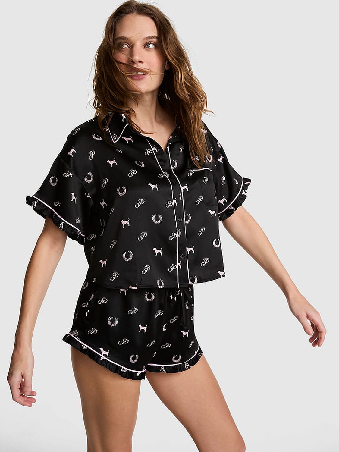 pink Pink GRWPINK&trade; Satin Short-Sleeve and Shorts Pajama Set Black With Heritage Print 1 of 2 