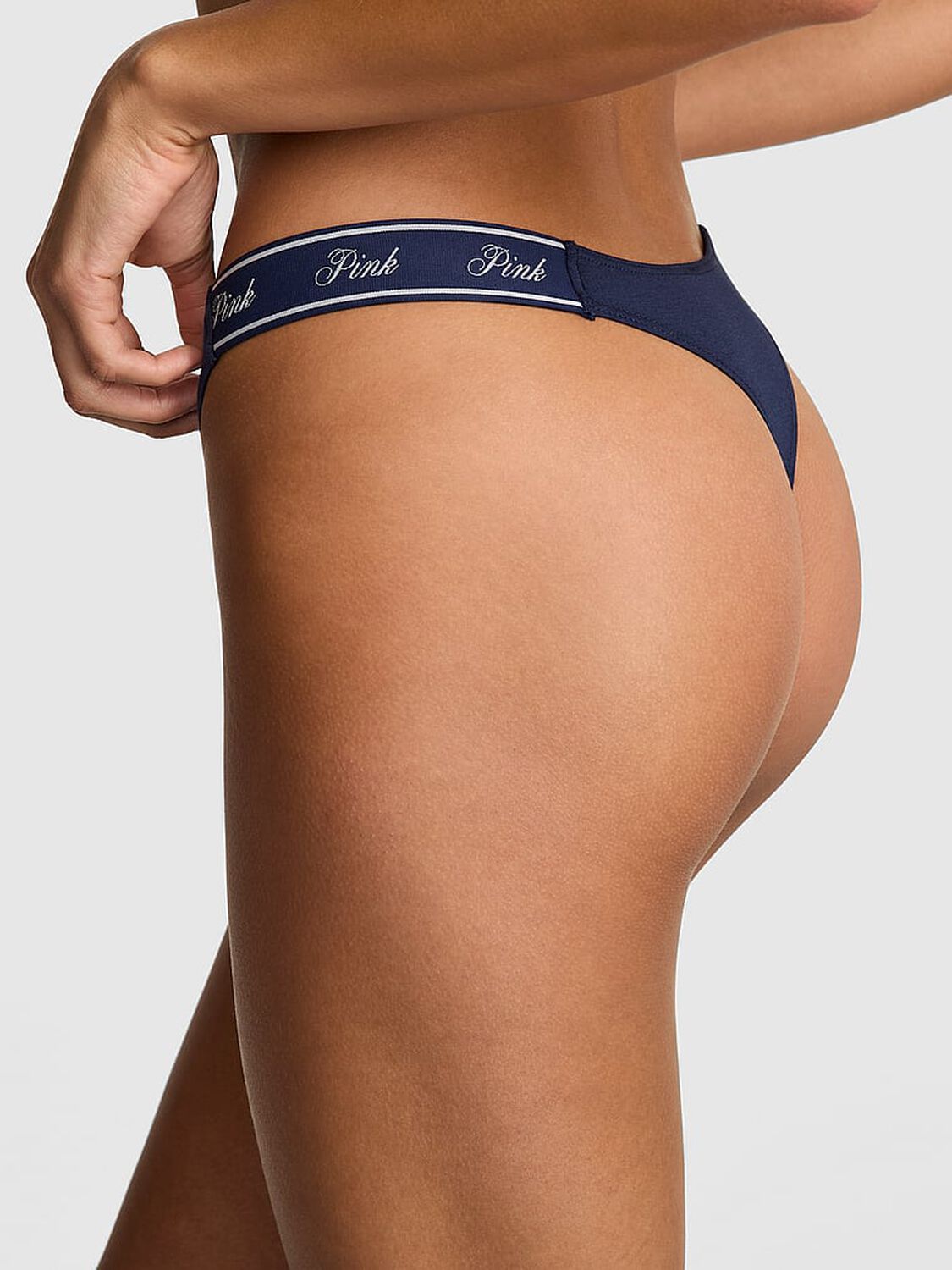vs Pink Logo Cotton Shine High-Leg Thong Panty Midnight Navy 2 of 3 