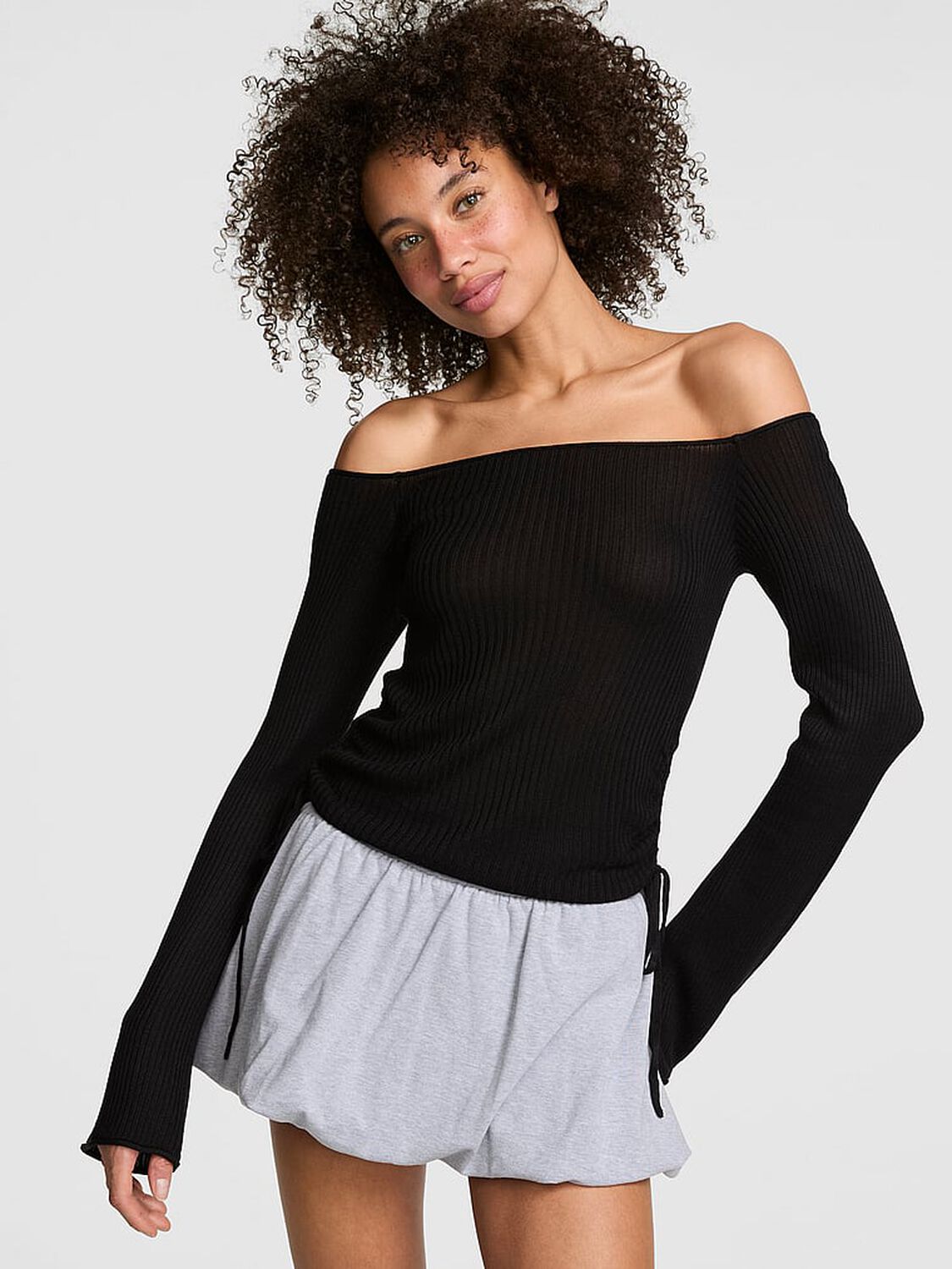 vs Pink Side-Ruched Oﬀ-The-Shoulder Sweater Pure Black 1 of 3 