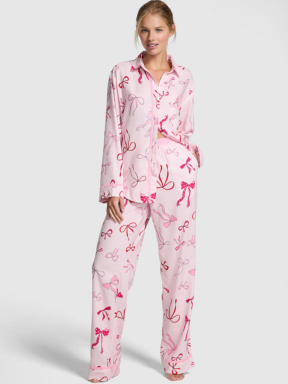 vs Pink Flannel Long Pajama Set Pink Tulip Bows 1 of 2 