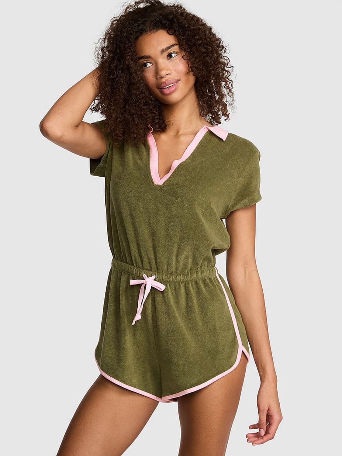 pink Pink Terry Henley Cover-Up Onesie Woodland Green 1 of 3 