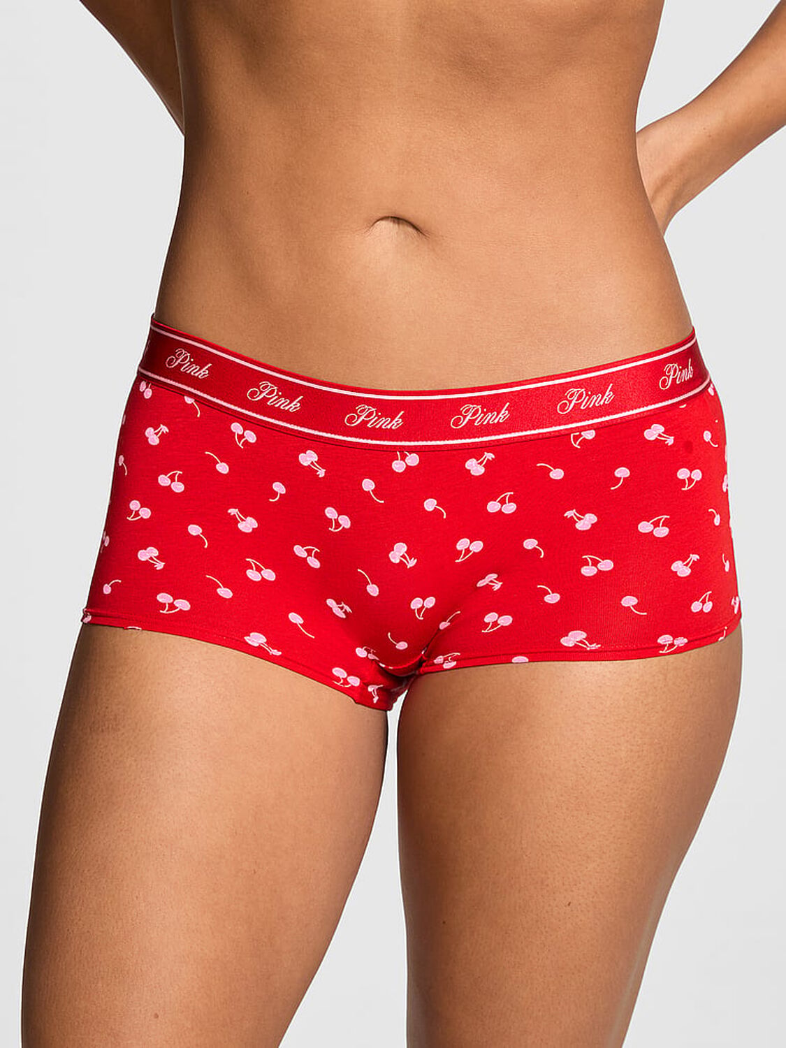 vs Pink Logo Cotton Boyshort Panty Bright Vermillion Cherries 1 of 3 