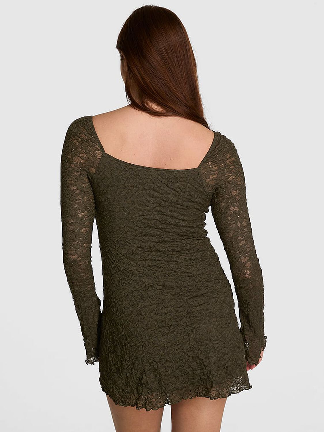 vs Pink Lace Square-Neck Long-Sleeve Mini Dress Olive 2 of 3 