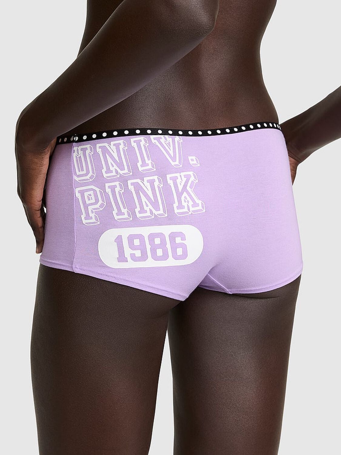 vs Pink Logo Cotton Boyshort Panty Lilac Crush With Univ Pink 1986 Graphic 2 of 3 