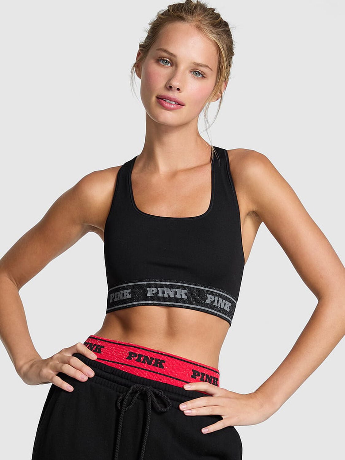 pink Pink Seamless Reversible Sports Bra Pure Black Lurex Bows 1 of 3 