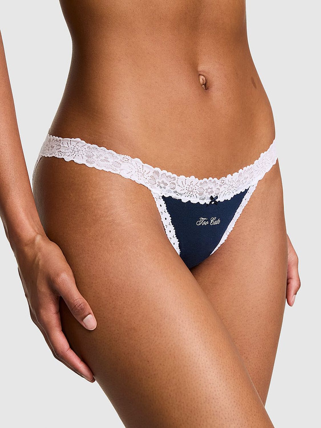 vs Pink Cotton Lace-Trim Bikini Panty Noir Navy With White Lace And Too Cute Graphic 1 of 3 