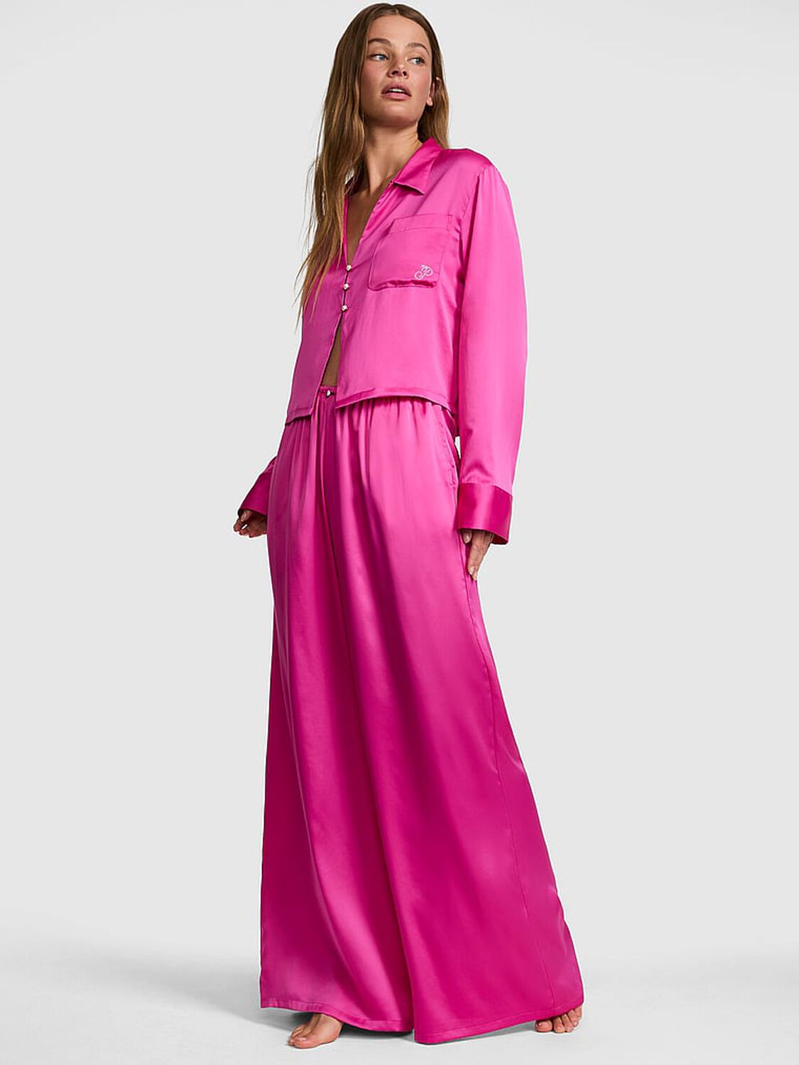 vs Pink GRWPINK&trade; Satin Flyaway Long-Sleeve & Pants Pajama Set Pink Fire 1 of 3 