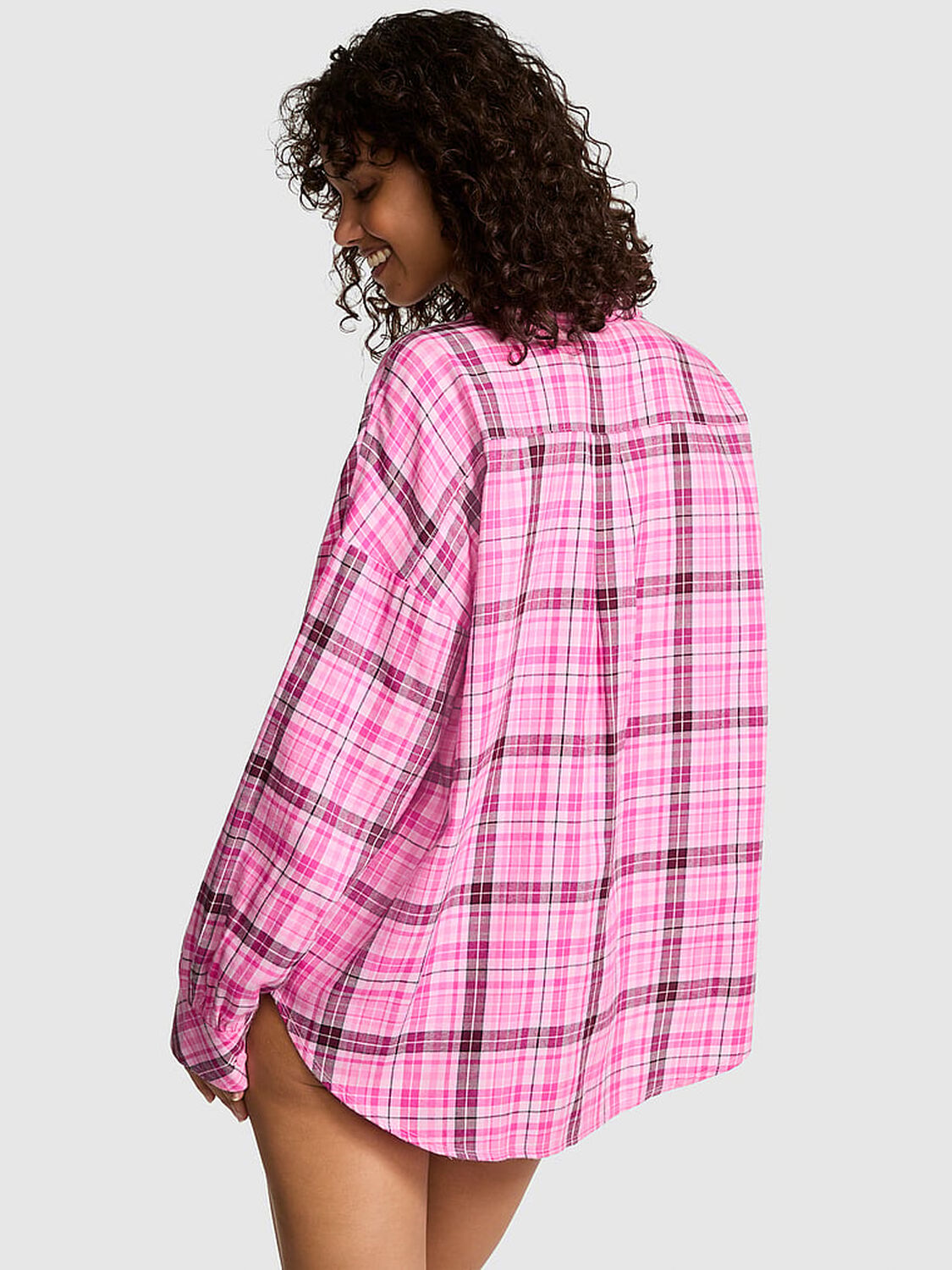 vs Pink Boyfriend Flannel Button-Down Sleepshirt Pink Lollipop Plaid 2 of 3 