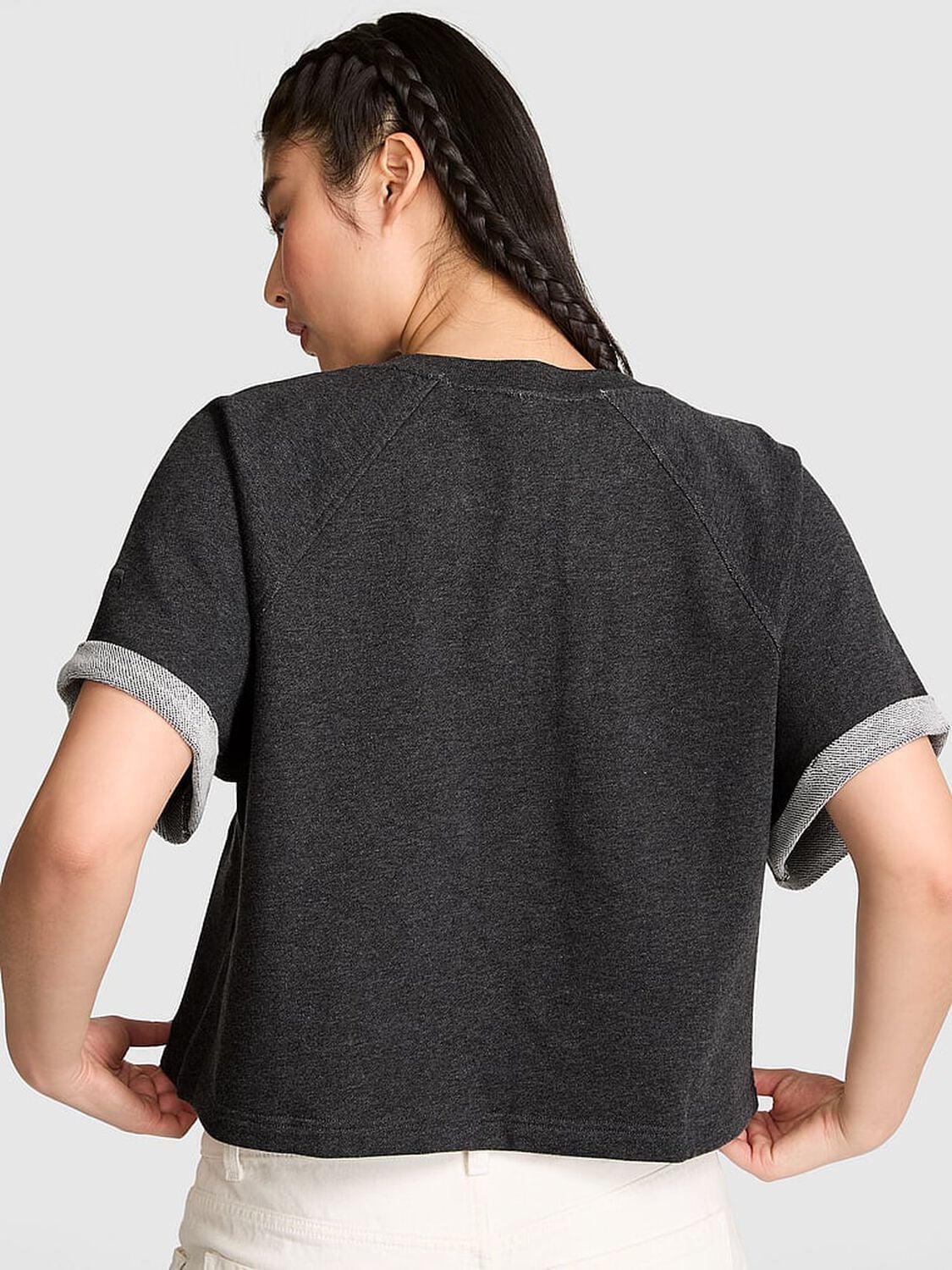 vs Pink Campus Terry&trade; Short-Sleeve Crew Sweatshirt Vs Charcoal Heather Grey 2 of 3 