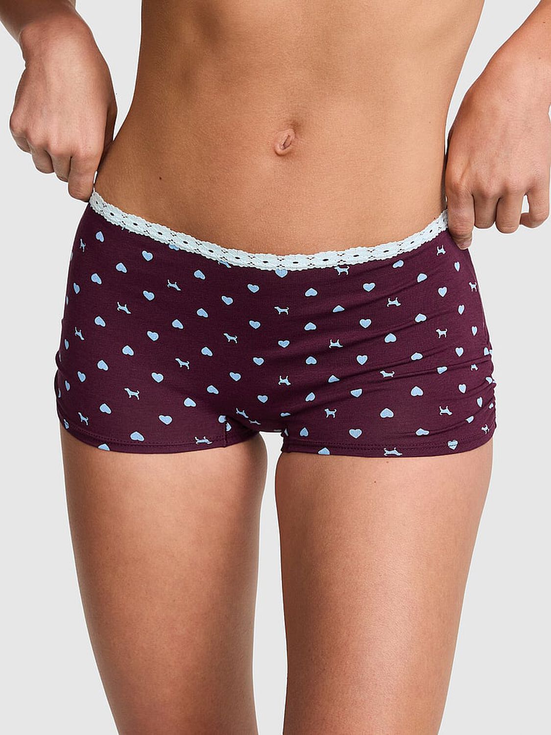 vs Pink Cotton Dorm Boyshort Panty Wild Rose Heart Dog With Blue Dancer Lace 1 of 3 