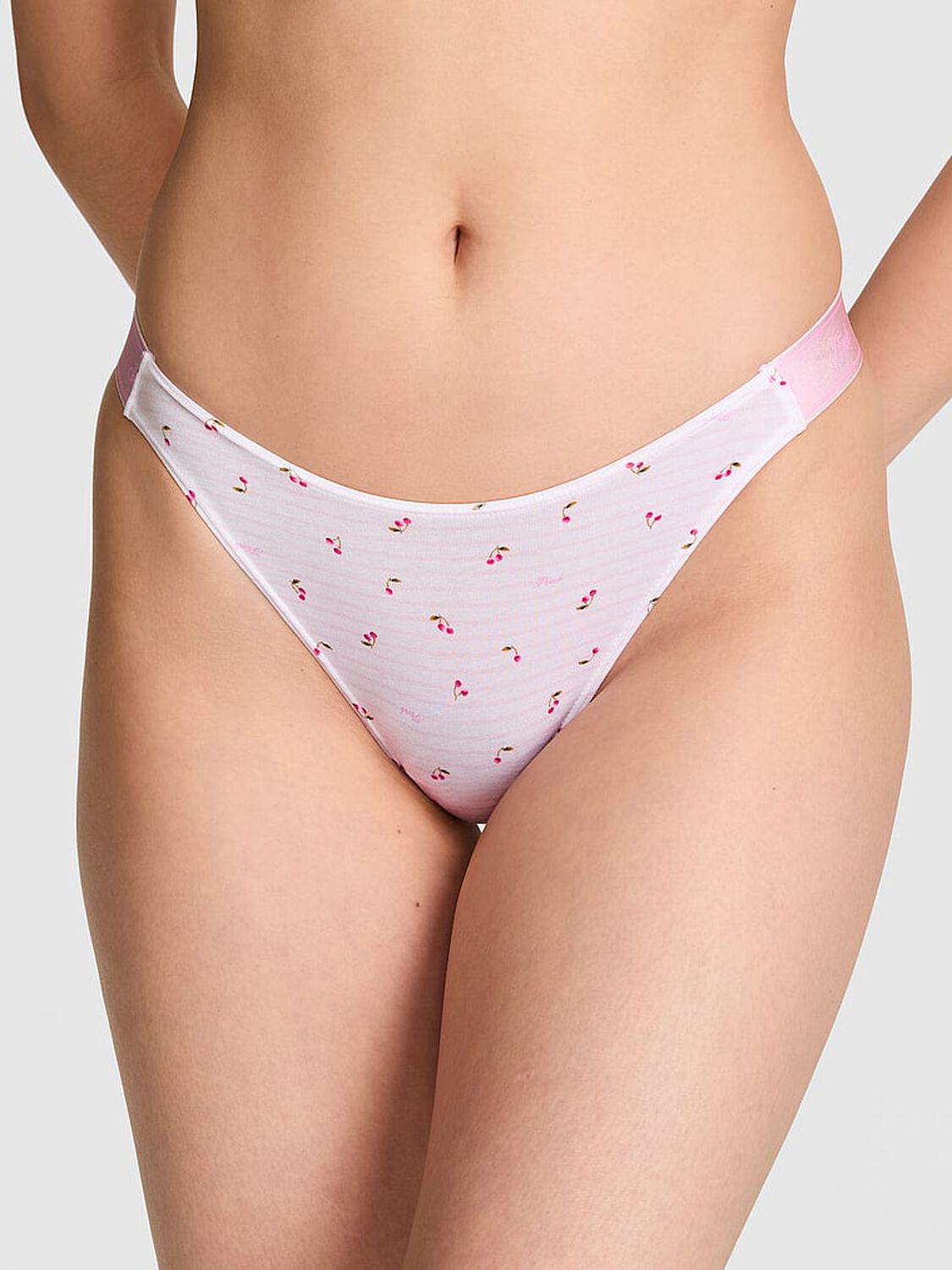vs Pink Logo Cotton Shine High-Leg Thong Panty Pink Tulip Stripe Cherry Print 1 of 3 