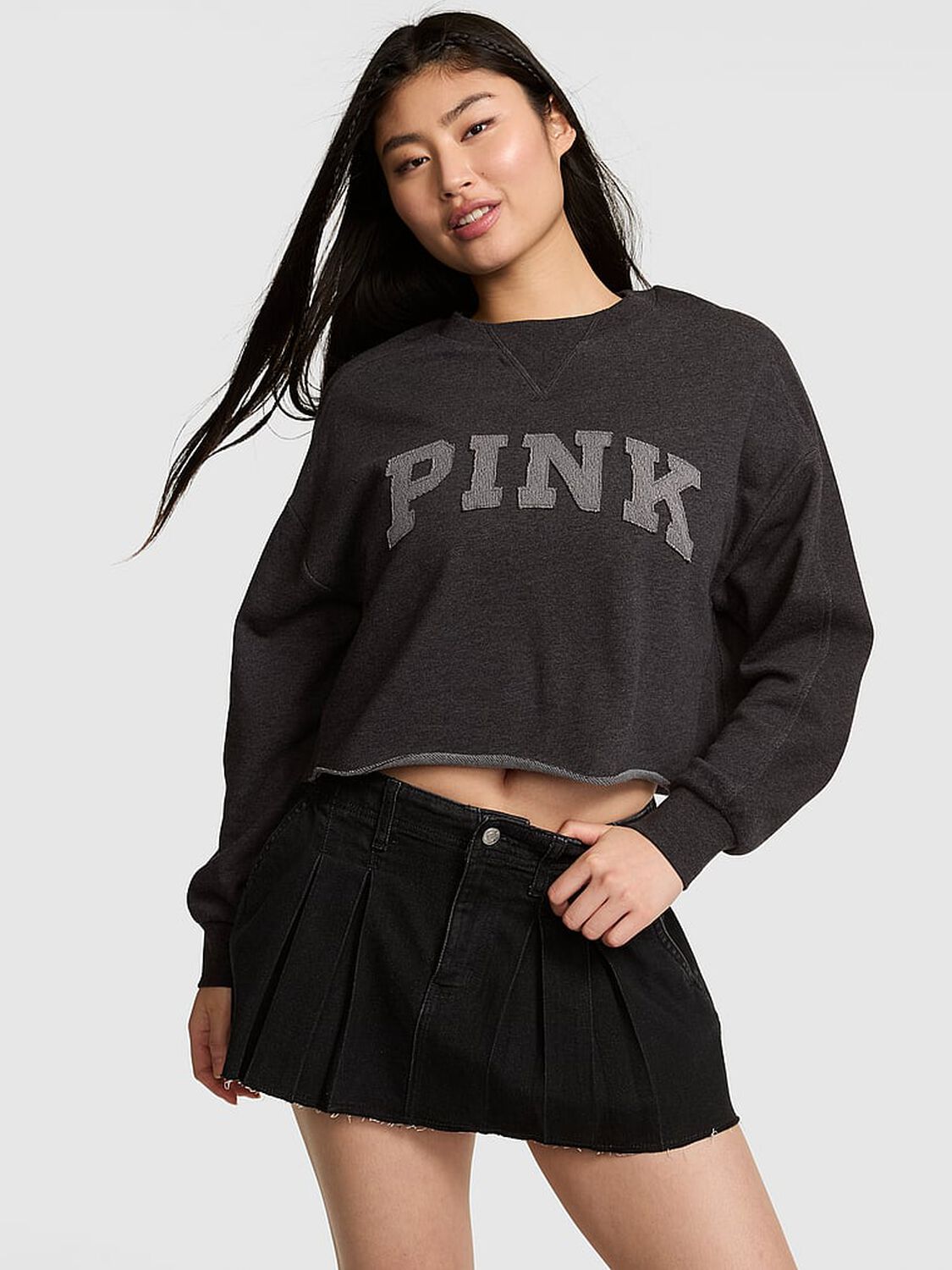vs Pink Campus Terry&trade; Raw-Cut Crew Sweatshirt Charcoal Heather Grey 1 of 3 