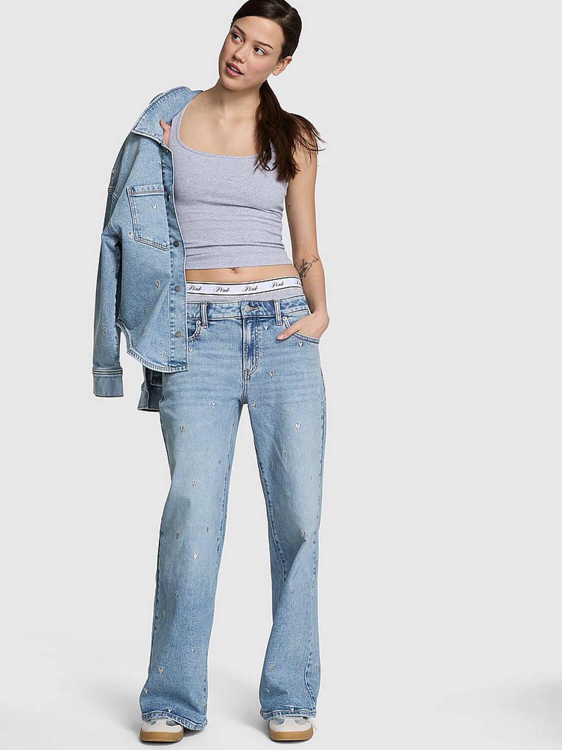 vs Pink Denim by PINK Mid-Rise Baggy Wide-Leg Jeans Blue Stone Embroidered Hearts 1 of 3 