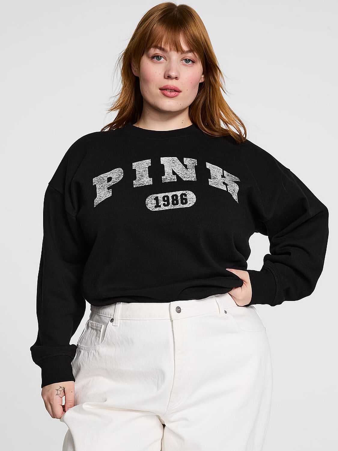 vs Pink Ivy Fleece Oversized Crew Sweatshirt Pure Black 1 of 3 