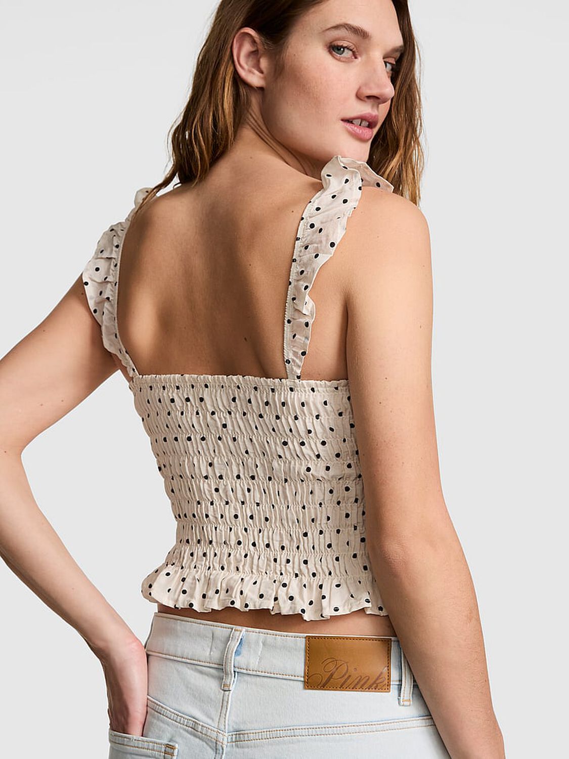 vs Pink Flirty Fit Smocked Tank Top White Dot 2 of 4 