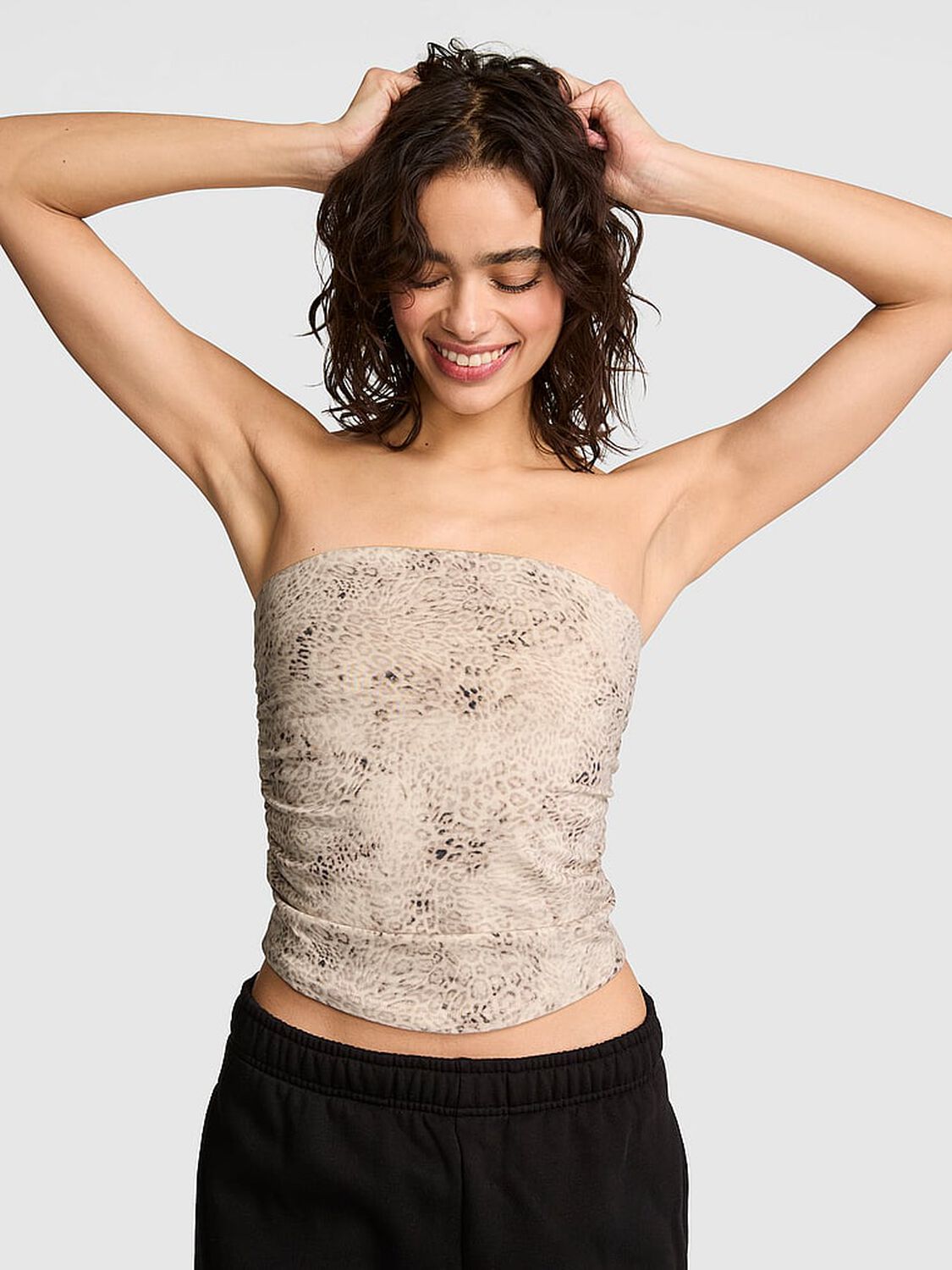 vs Pink All-Day Cotton&trade; Side-Ruched Tube Top Natural Leo Print With Pink Tulip Lace 1 of 3 
