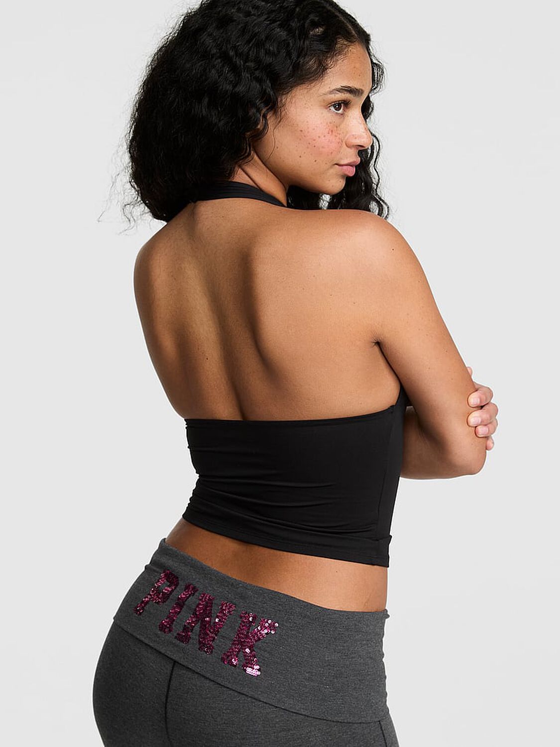 vs Pink PINK Base Stretch&trade; Plunge Halter Top Pure Black 2 of 2 