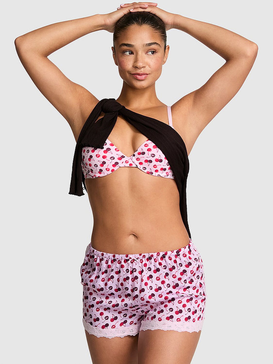 vs Pink Silky Lace-Trim Boxy Pajama Shorts Pink Tulip With Cherry Print 1 of 3 