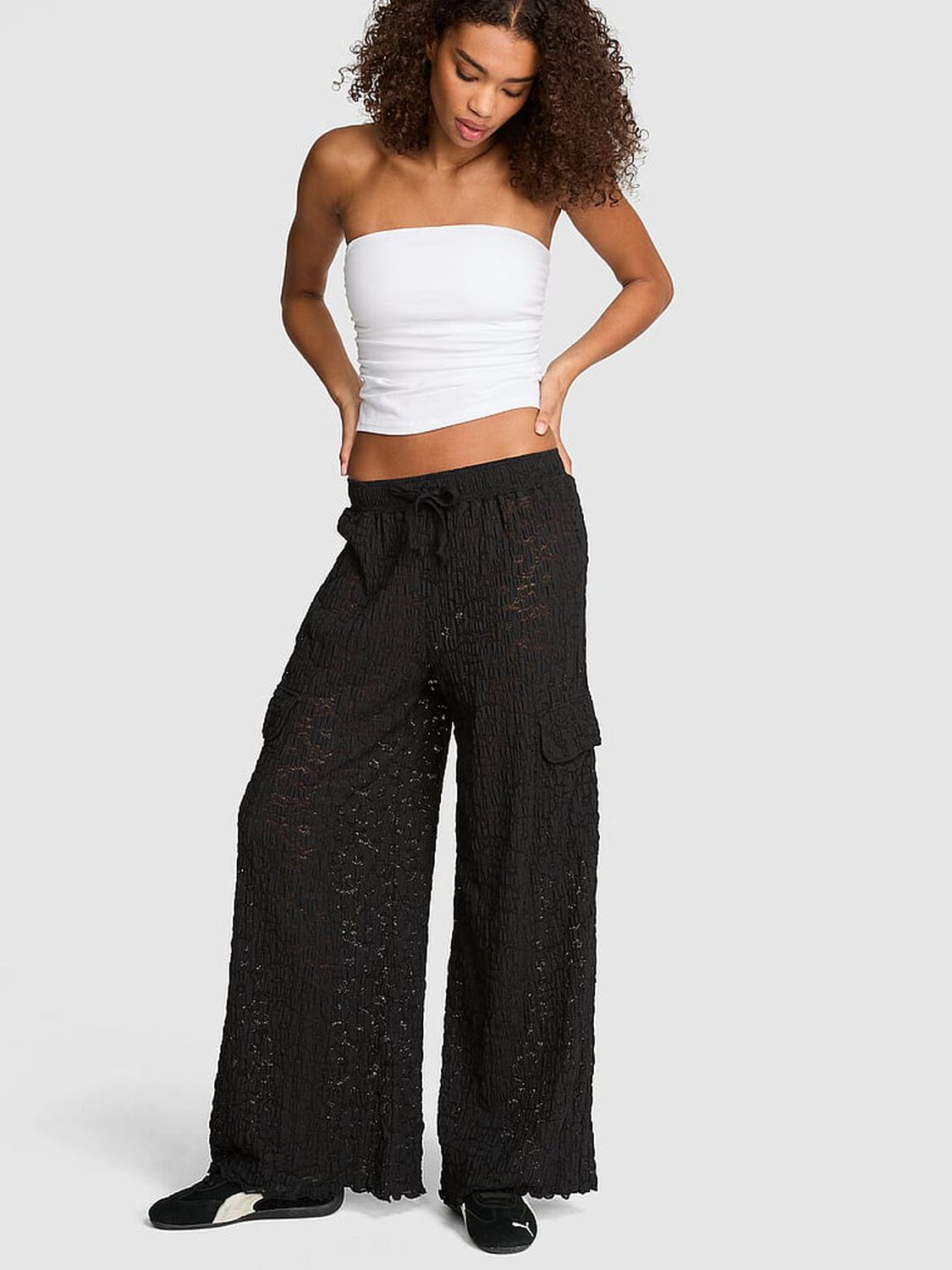pink Swim Floral Crochet Cover-Up Pants Black 1 of 3 