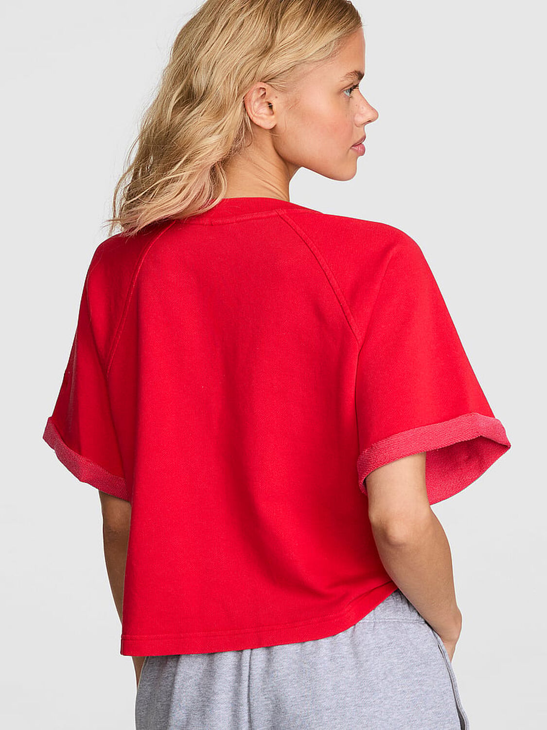 vs Pink Campus Terry&trade; Short-Sleeve Crew Sweatshirt Bright Vermillion 2 of 2 