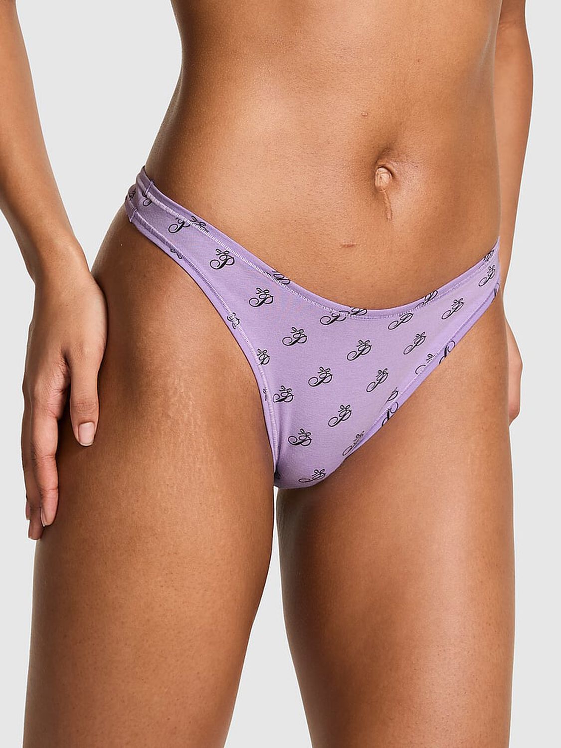 vs Pink Cotton High-Leg Thong Panty Aster Purple Script P Bow Print 1 of 3 
