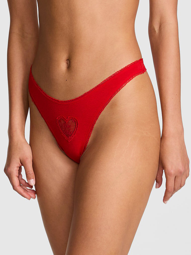 Cotton Thong Panty Bright Vermillion You Wish Heart Mesh Graphic M