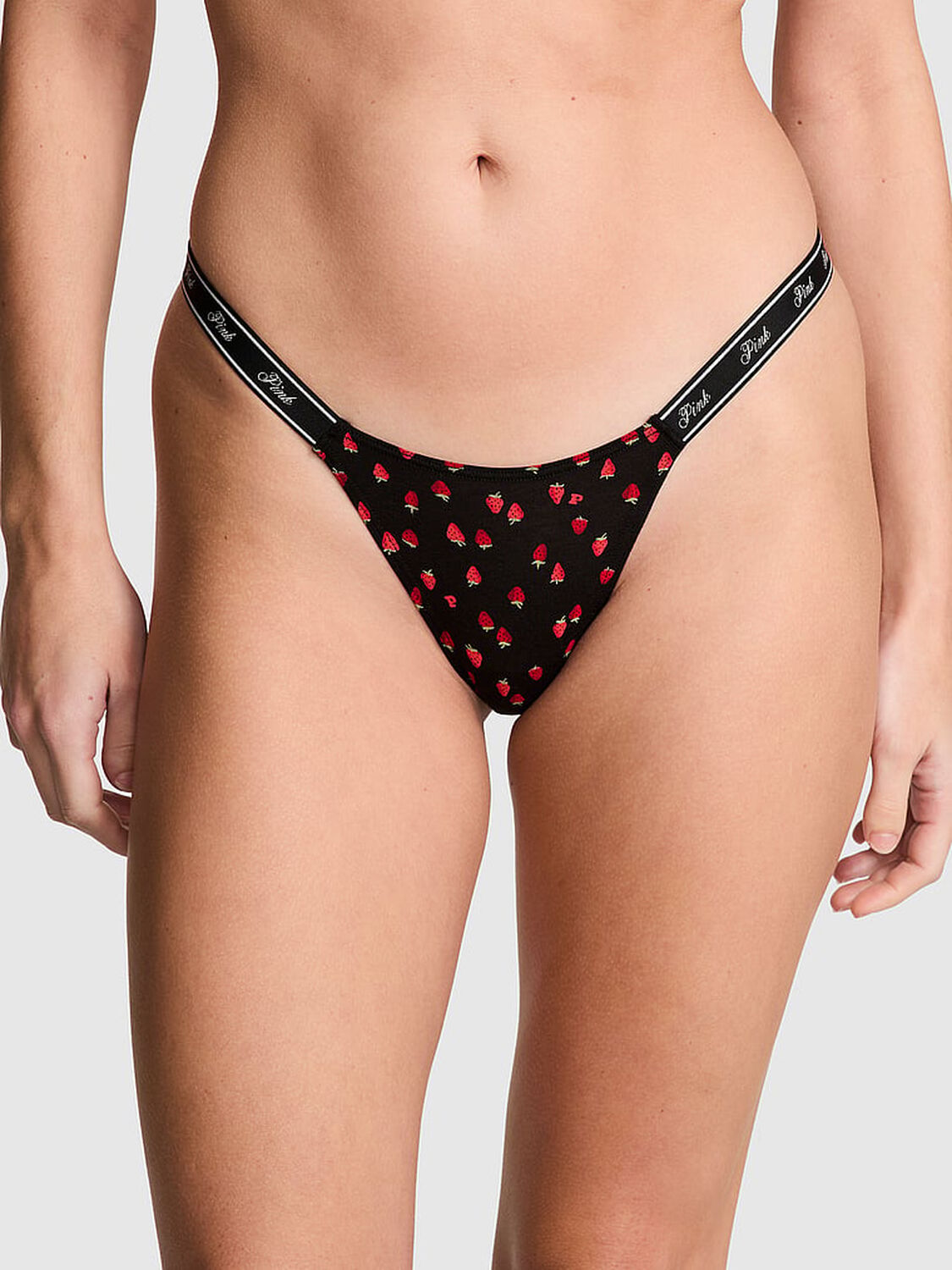 vs Pink Logo Cotton High-Leg Micro Thong Panty Black Strawberry Print 1 of 3 