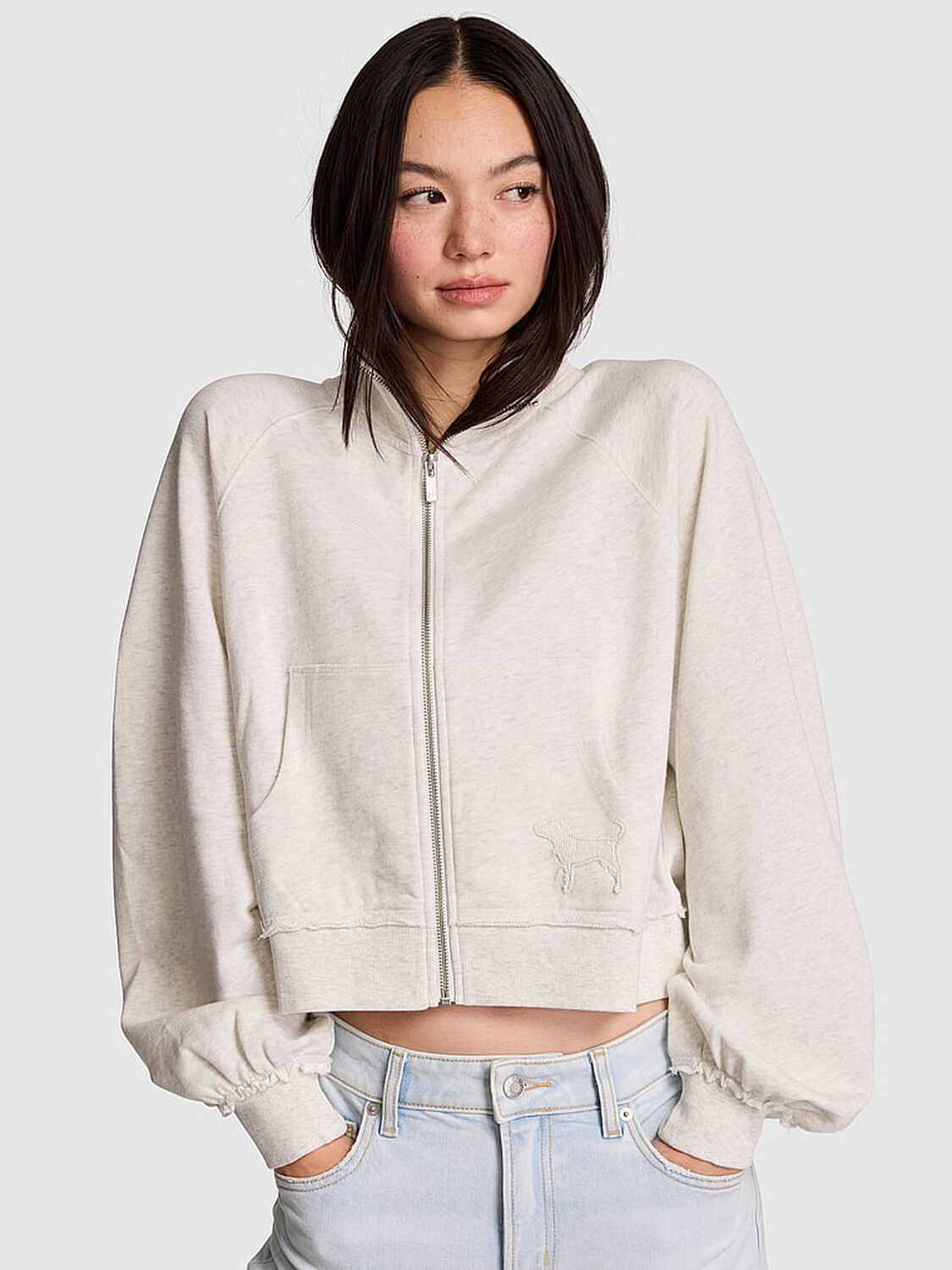 vs Pink Campus Terry&trade; Mock-Neck Full-Zip Sweatshirt Snow Heather 1 of 4 