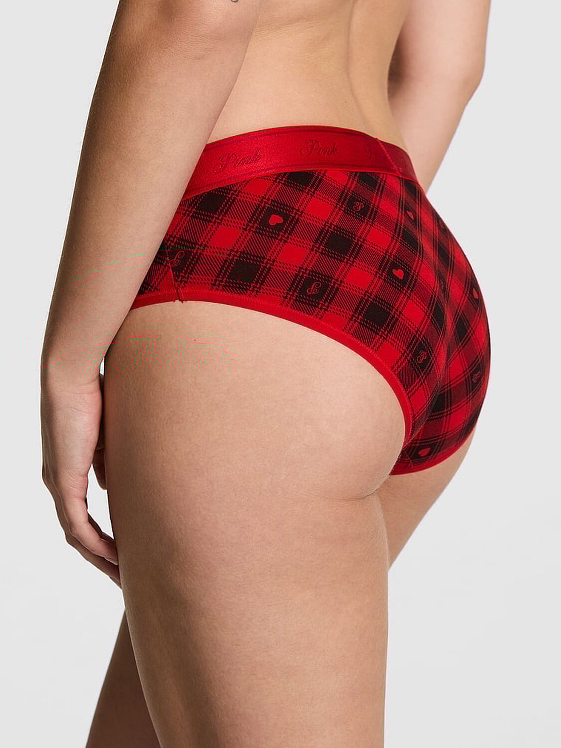 vs Pink Logo Cotton Hiphugger Panty Bright Vermillion Plaid Print Foil 'Tis The Season Graphic 2 of 3 