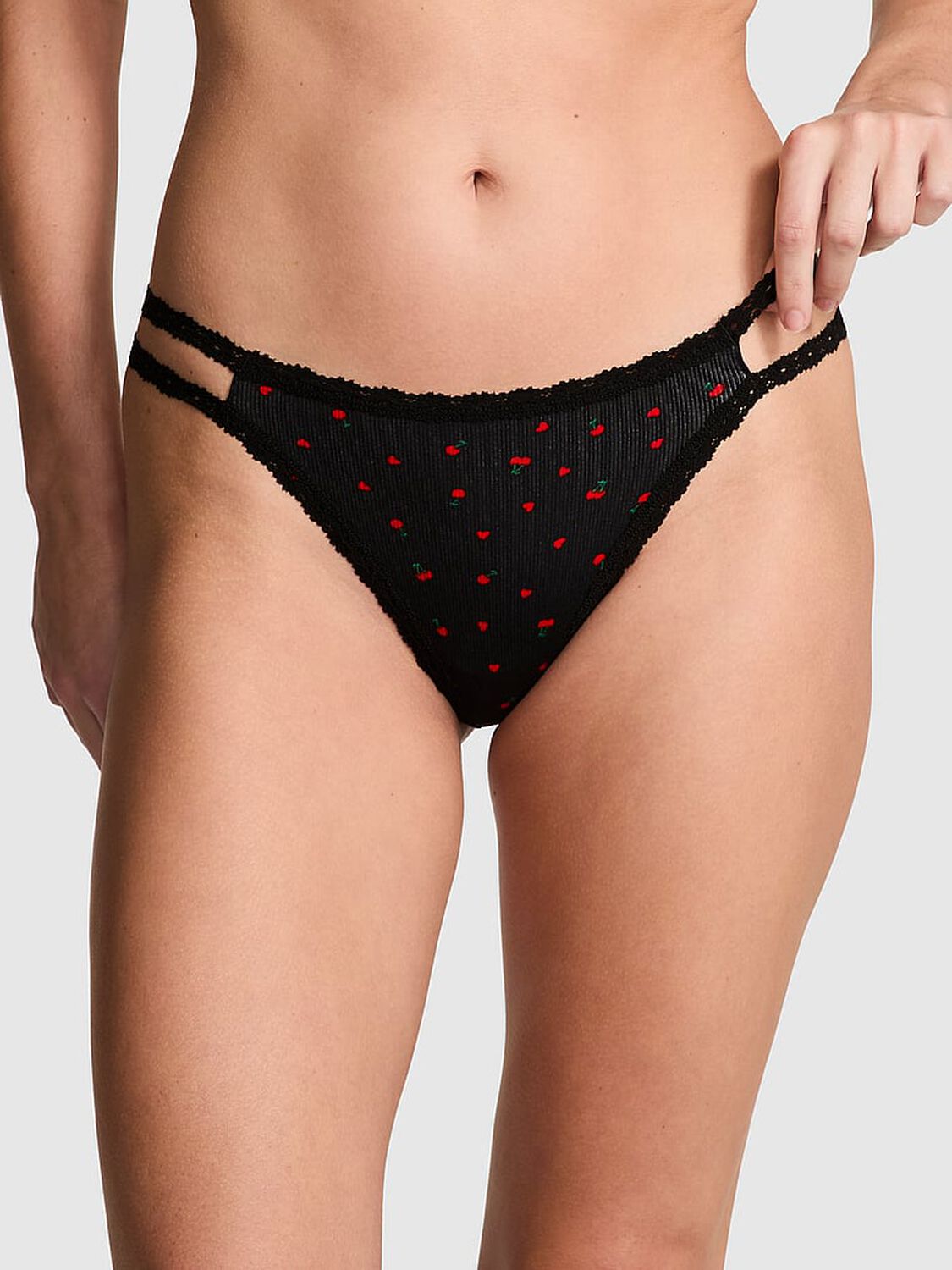 vs Pink Wink Strappy Thong Panty Black Cherry Heart Print 1 of 3 