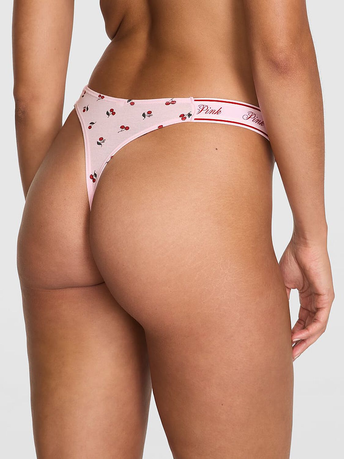 vs Pink Logo Cotton Shine High-Leg Thong Panty Pink Tulip Cherry Print 2 of 3 