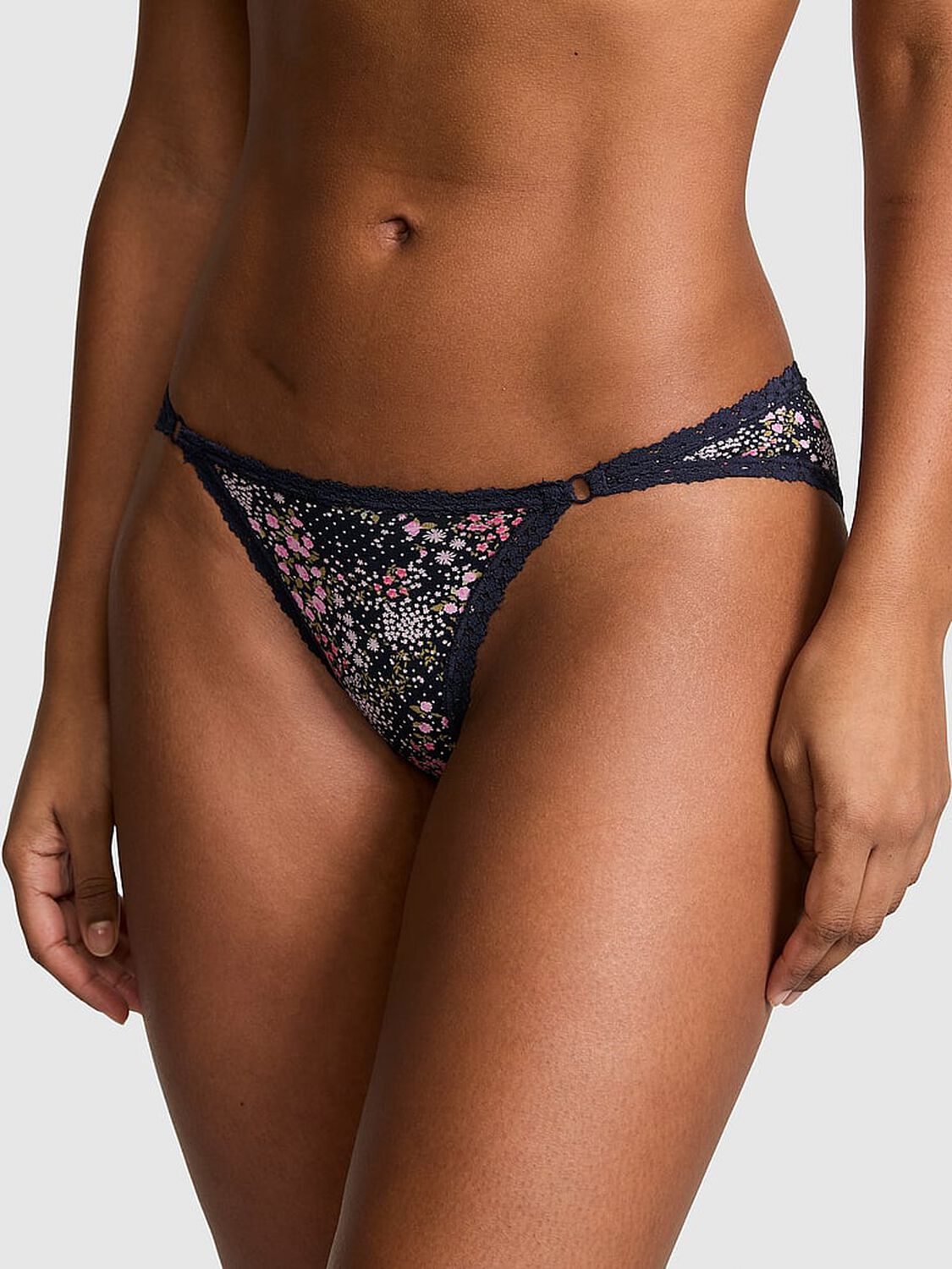 vs Pink Cotton Lace-Trim Low-Rise Cheeky Panty Noir Navy Floral Print 1 of 4 