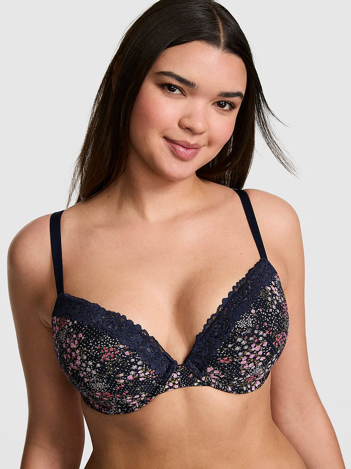 vs Pink Wear Everywhere Wear Everywhere&trade; Super Push-Up Bra Noir Navy Floral 1 of 3 