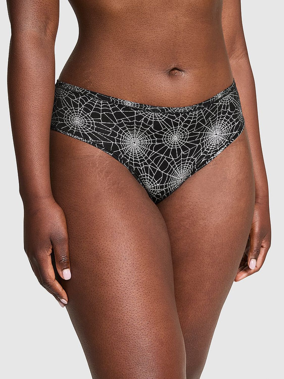 vs Pink Cotton Cheeky Panty Pure Black Halloween Foil Spider Web Print 1 of 3 